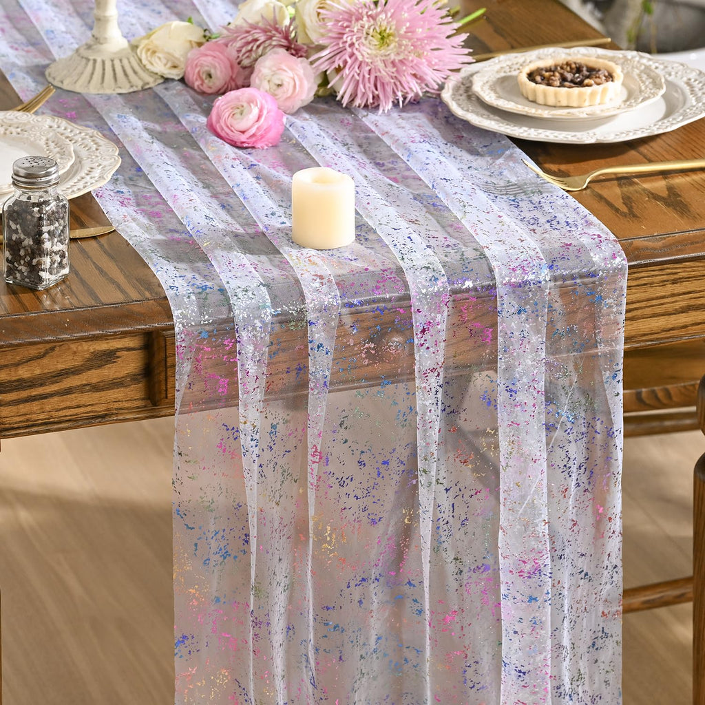 Artoid Mode Beige Gold Gauze Table Runner 120 Inch 10FT, Glitter Metallic Foil Sheer Dining Wedding Anniversary Holiday Birthday Table Decor for Home Party