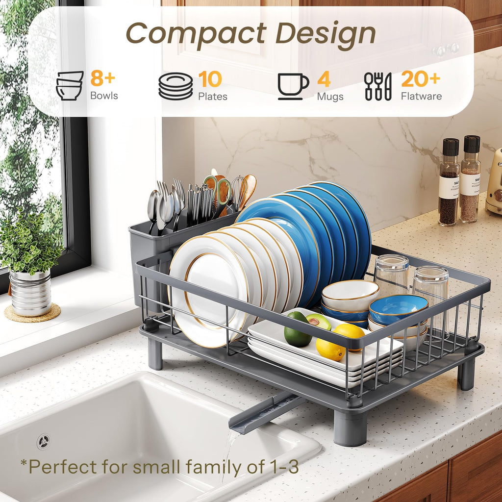 SNTD Dish Drying Rack - Small Dish Rack for Kitchen Counter, Stainless Steel Dish Drainer with Utensil Holder and Drainboard, 11" W x 15" L (Black)