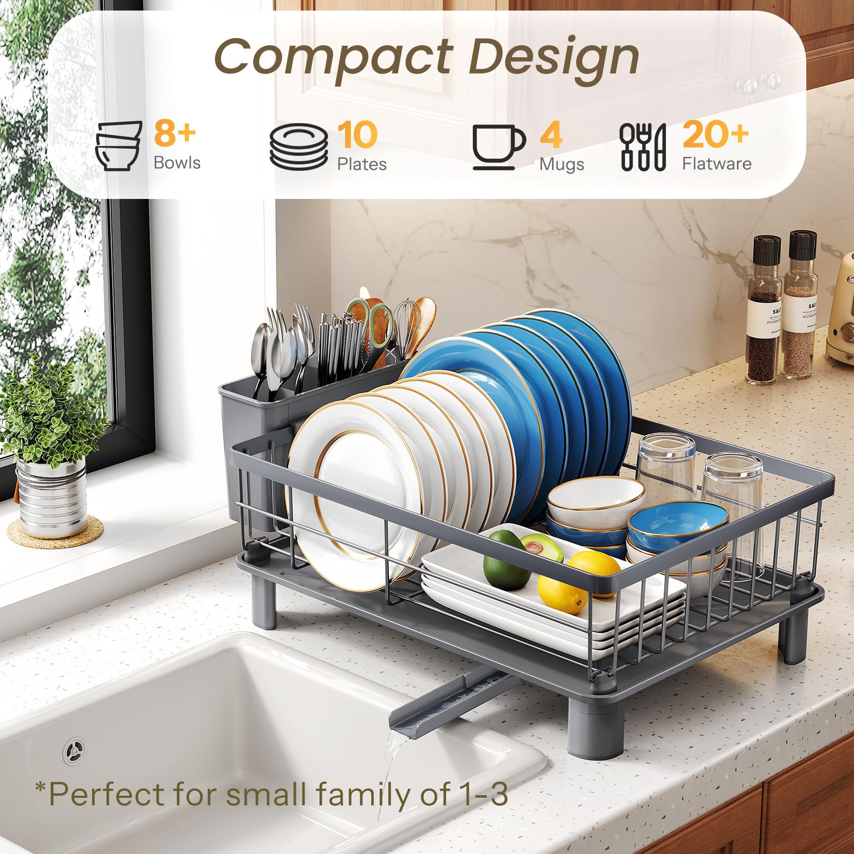 SNTD Dish Drying Rack - Small Dish Rack for Kitchen Counter, Stainless Steel Dish Drainer with Utensil Holder and Drainboard, 11" W x 15" L (Black)