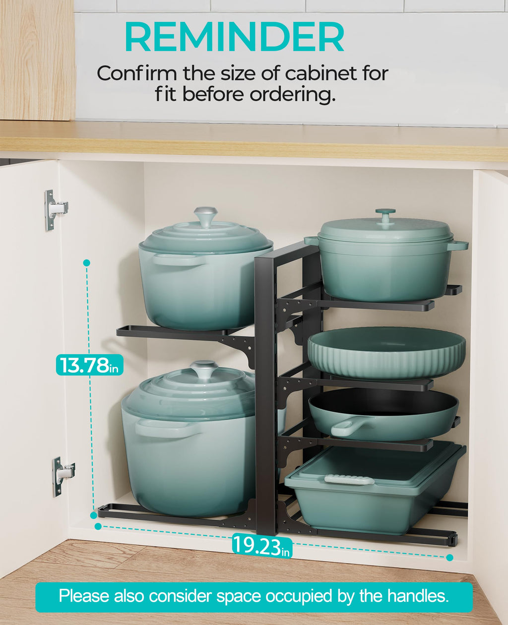 ORDORA Pots and Pans Organizer for Cabinet 16.61 Height, 8 Tier Pot Organizers Rack with 3 DIY Methods, Adjustable Pan Organizer under Cabinet Kitchen Organization and Storage