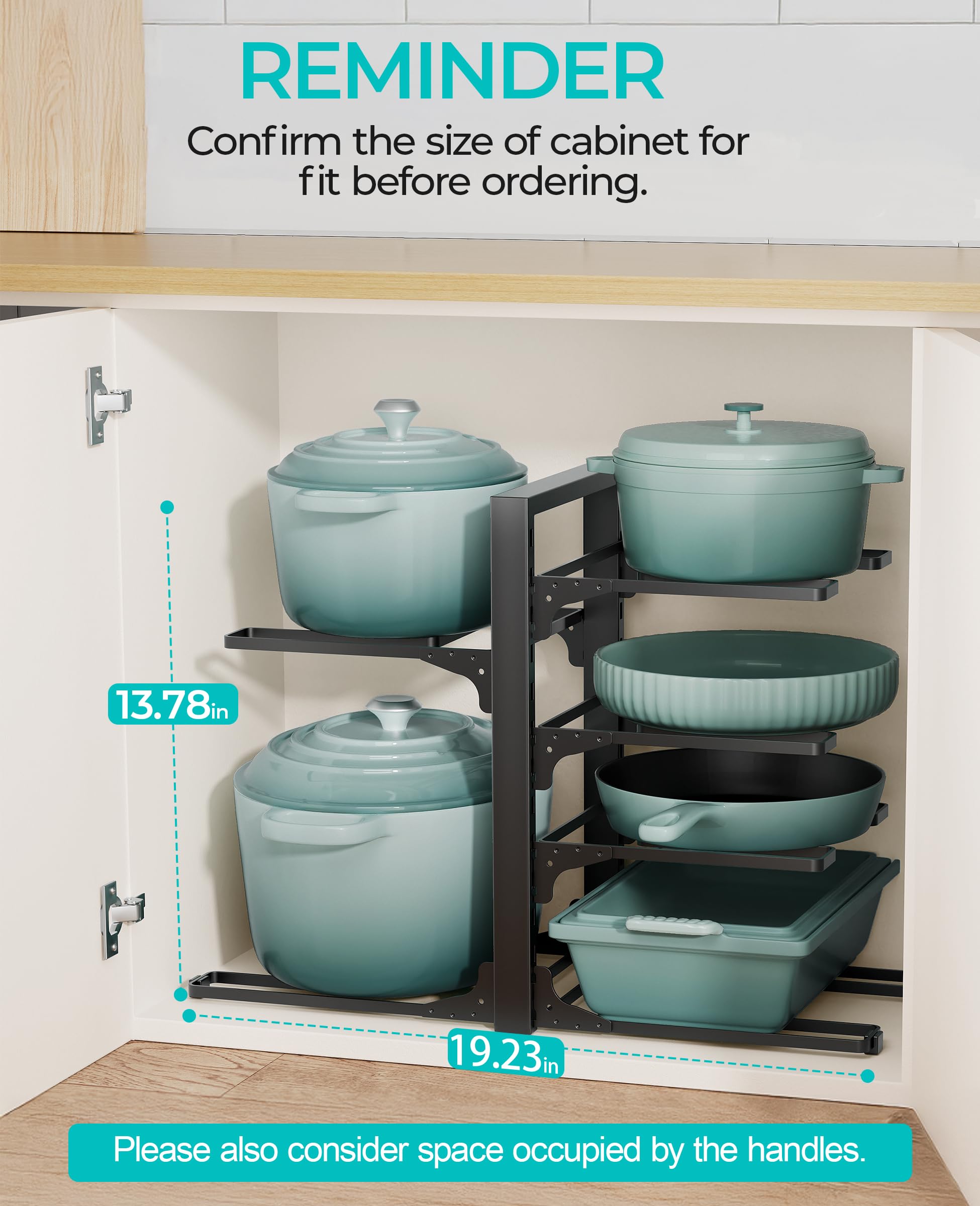 ORDORA Pots and Pans Organizer for Cabinet 16.61 Height, 8 Tier Pot Organizers Rack with 3 DIY Methods, Adjustable Pan Organizer under Cabinet Kitchen Organization and Storage