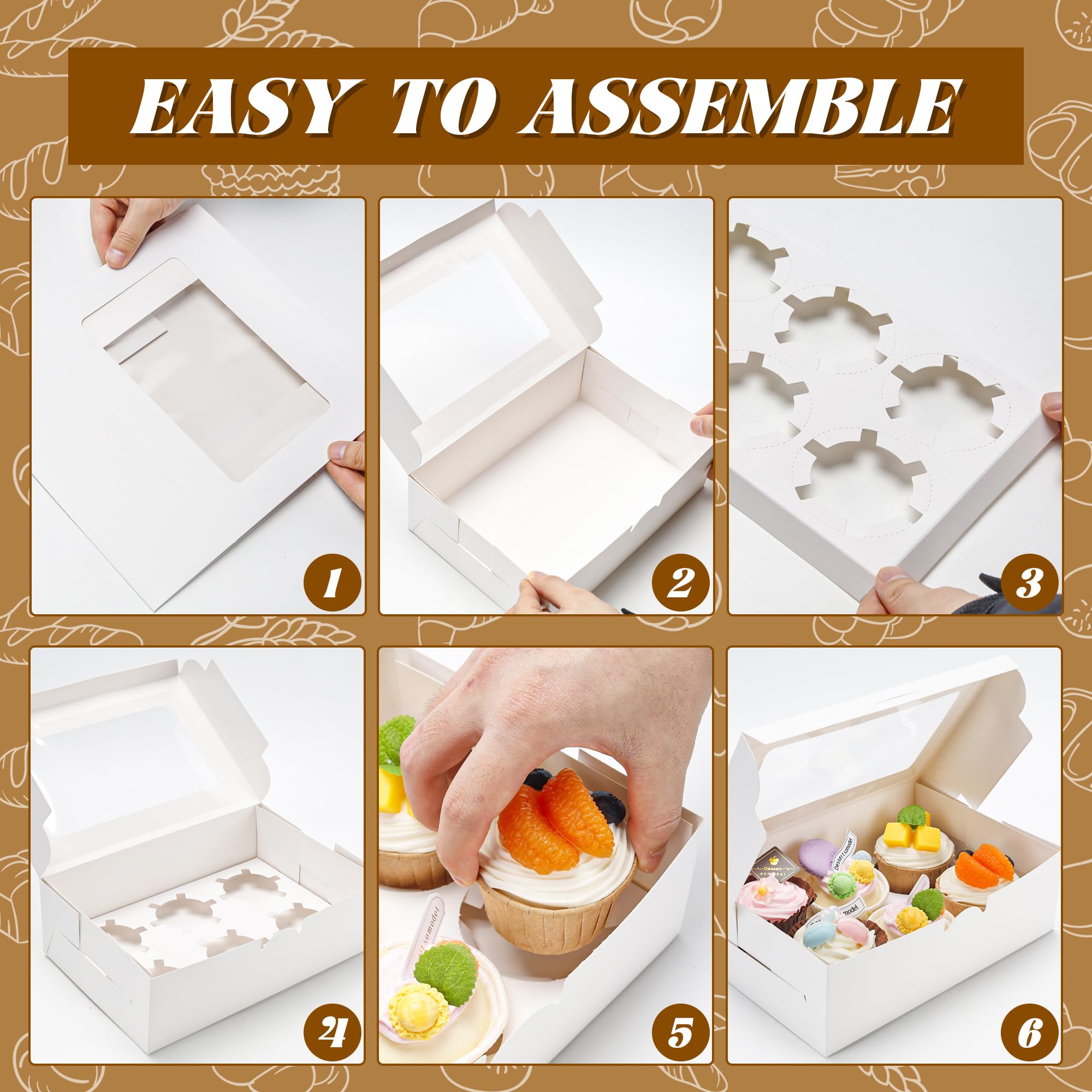 15 Pack Cupcake Boxes with Inserts 6 Holders, White Standard Bakery Boxes with Window Food Grade Cupcake Containers 6 Count for Muffins