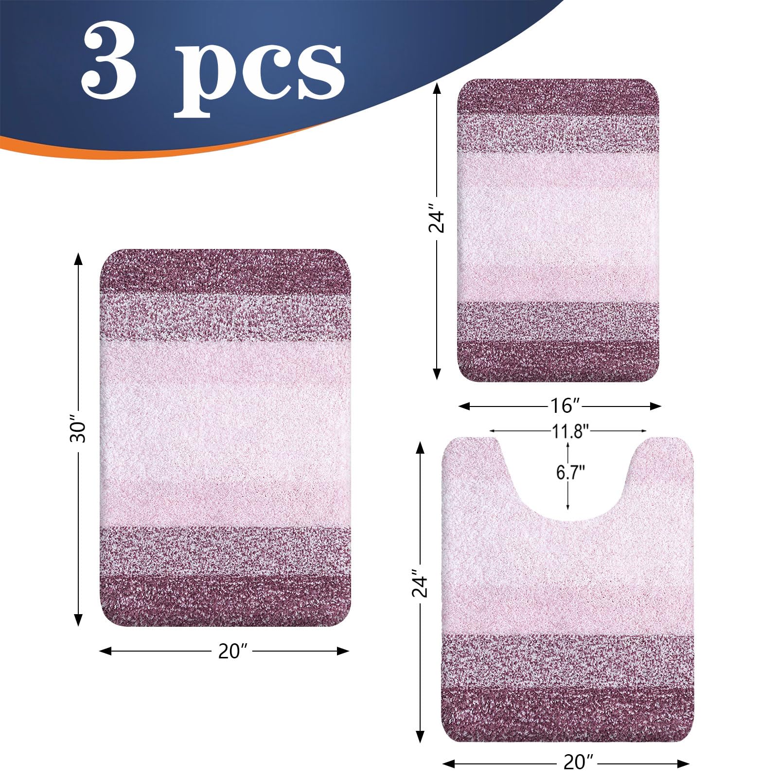 OLANLY Bathroom Rugs Sets 3 Piece, Soft Absorbent Microfiber Bath Mats and U-Shaped Contour Toilet Rug, Machine Wash Dry, Plush Shaggy Bath Mat Set for Bathroom (30"x20"+24"x16"+24"x20", Grey)