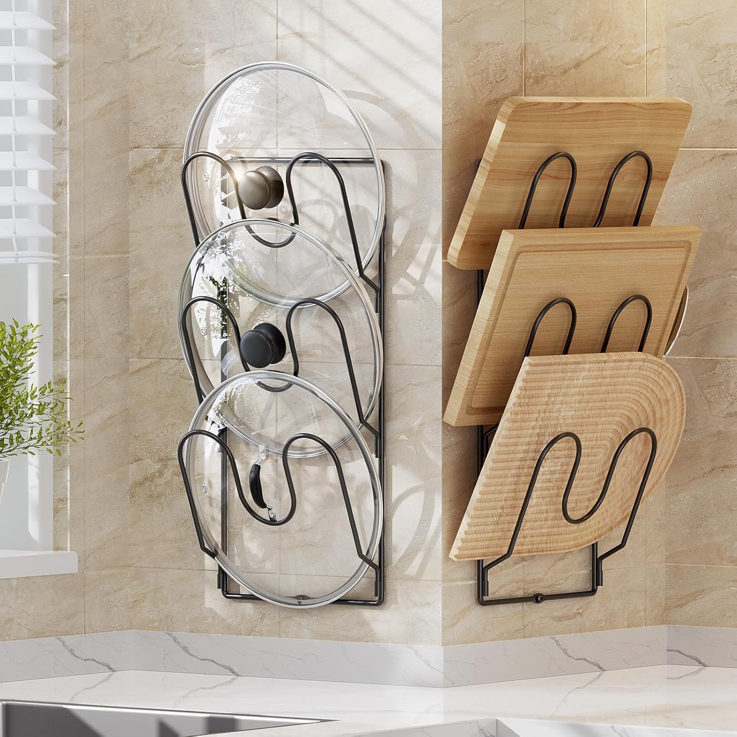 ORDORA 2 Pack Pot Lid Organizer Rack for Cabinet Door, 6-Tier Pot Lid Holders inside Cabinet, No Drilling Adhesive Wall Door Mounted Rustproof Pots and Pans Cover Organizers for Kitchen Storage, Black