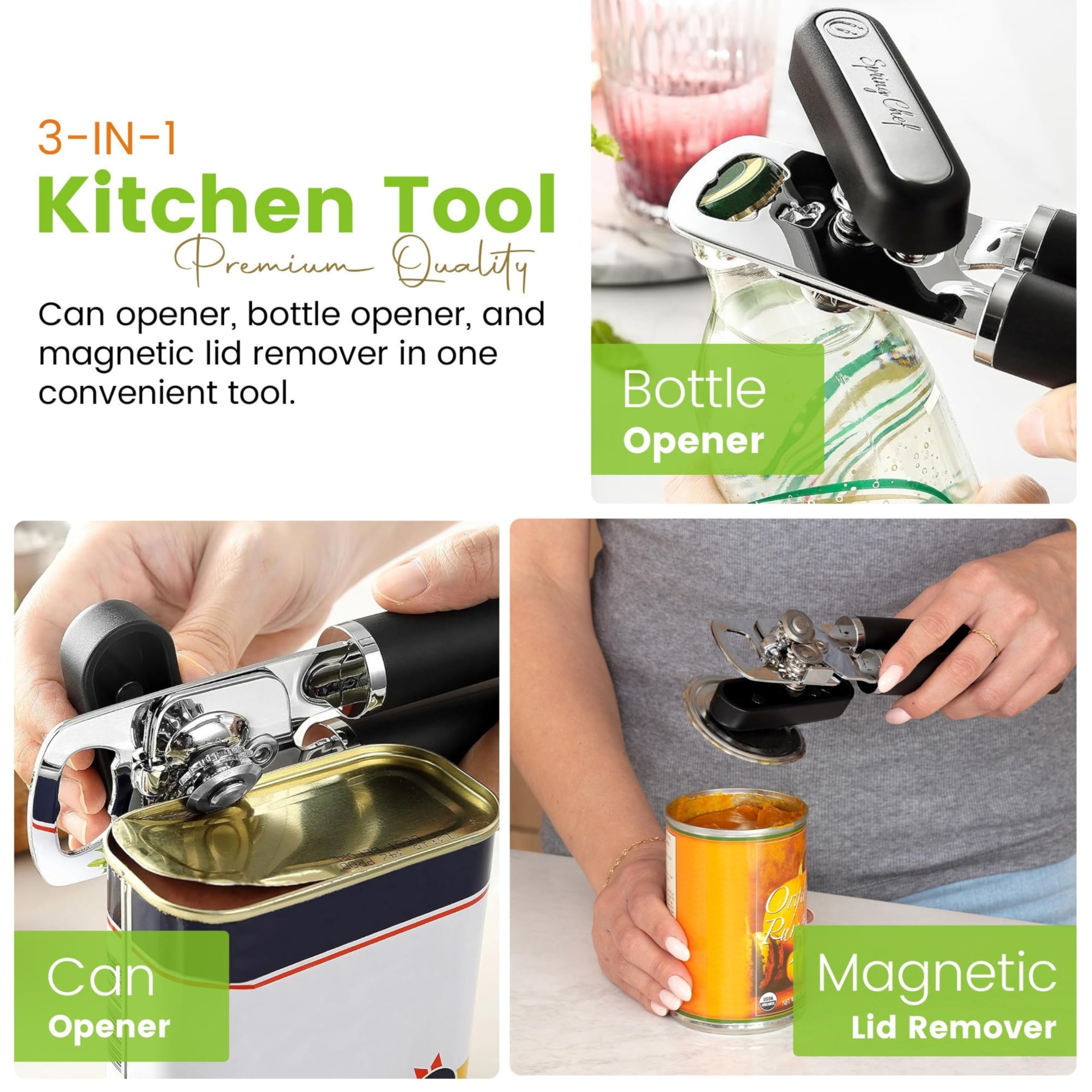 Spring Chef Stainless Steel Can Opener - Manual with Soft Grip Handles, Easy Turn, Heavy Duty Hand Can Openers for Seniors with Smooth Edge - Magnetic Lid Remover - Black
