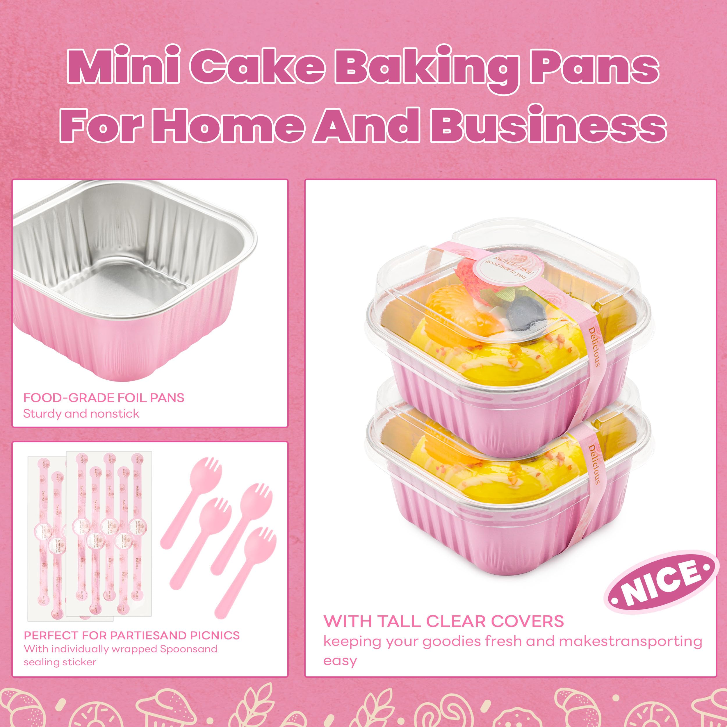 50 Pcs Mini Cake Pans with Lids and Spoons Aluminum Foil Mini Square Baking Cups with Lids Disposable Ramekins Cake Pans Dessert Cups for Wedding Birthday Party(Pink,5oz)