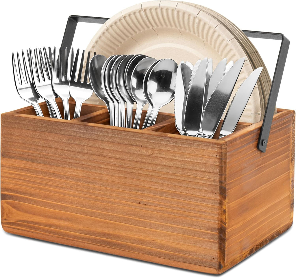 RedCall Silverware Caddy with Handle,Wood Utensil Holder for Party,Countertop Cutlery Flatware Organizer for Plate, Cup, Fork, Spoon