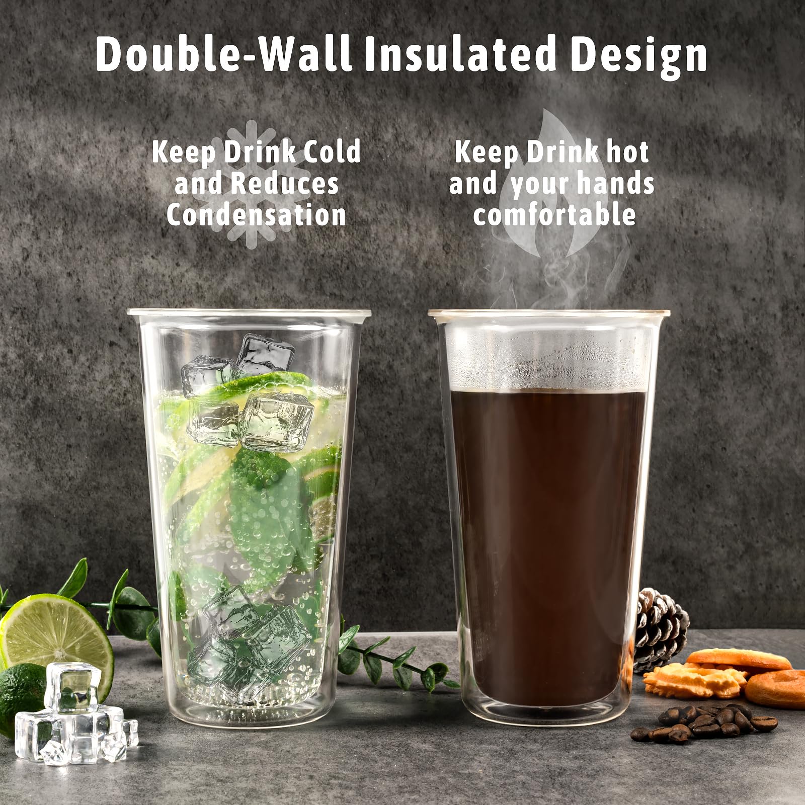 Freshmage 16oz Double Walled Insulated Tumblers (4 Pack), Tumbler Cups Keep Drinks Cold & Hot, Crystal Clear Reusable Plastic Cups, BPA-Free Plastic Drinking Glasses, Dishwasher Safe