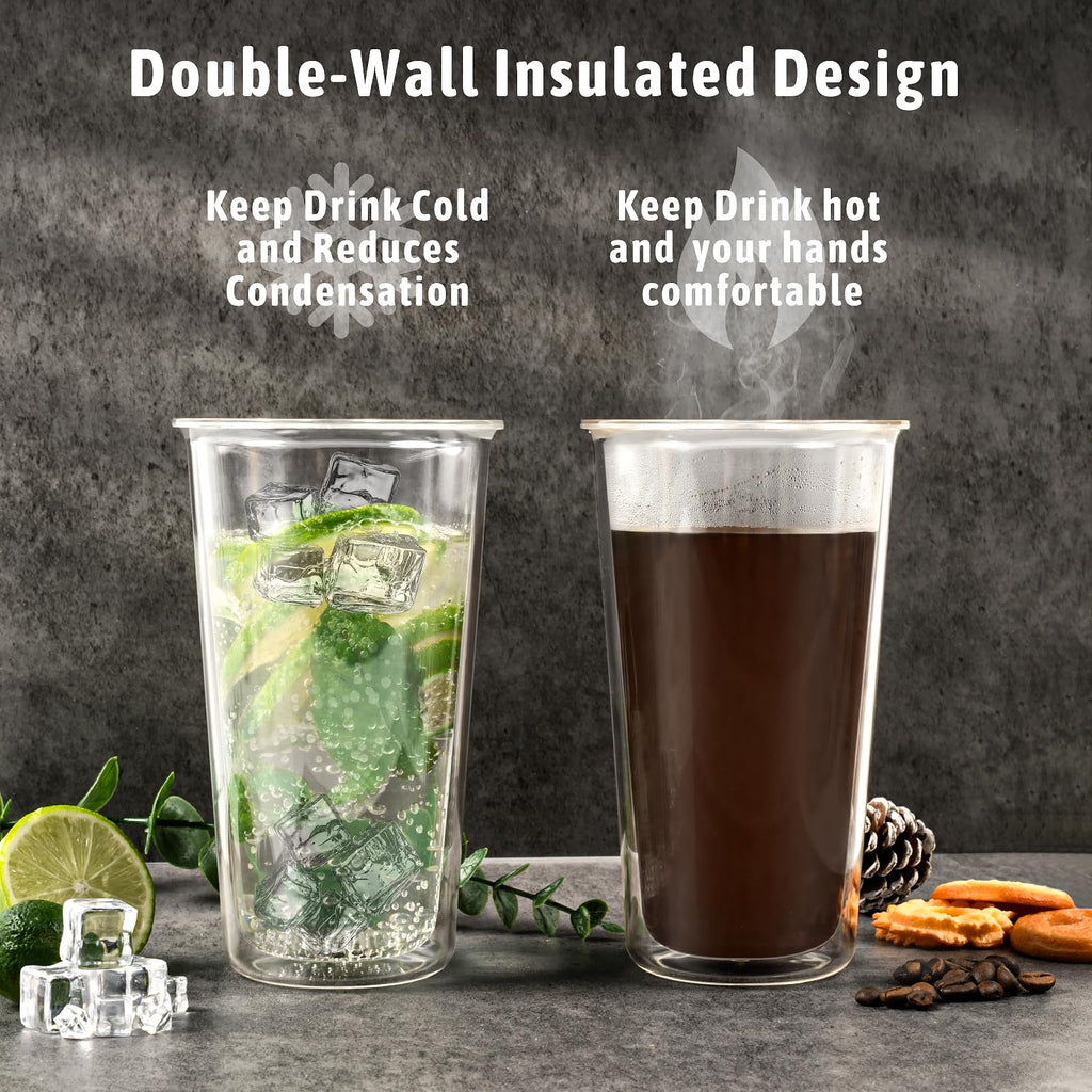 Freshmage 16oz Double Walled Insulated Tumblers (4 Pack), Tumbler Cups Keep Drinks Cold & Hot, Crystal Clear Reusable Plastic Cups, BPA-Free Plastic Drinking Glasses, Dishwasher Safe
