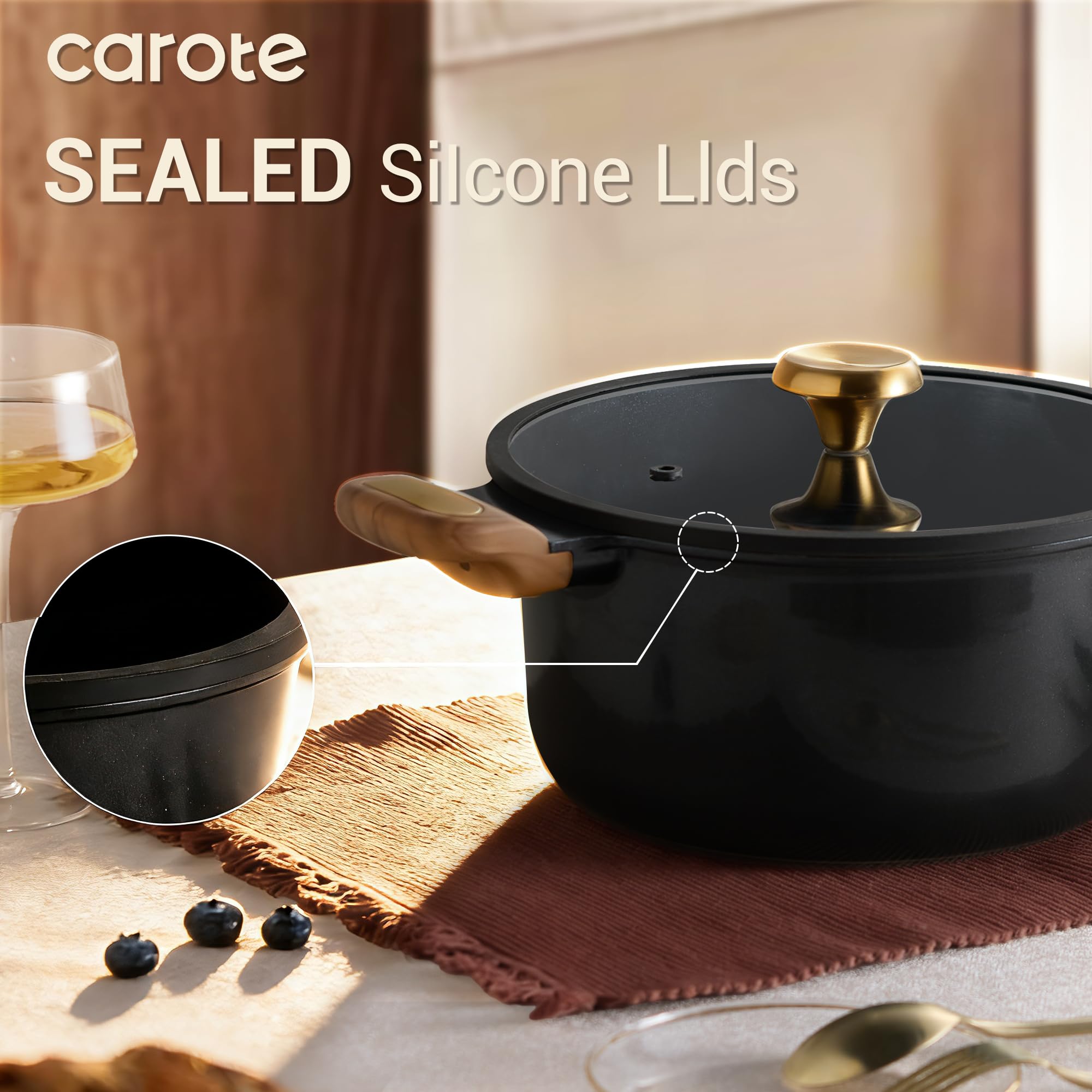 CAROTE Ceramic Cookware Set Nonstick, 14pcs Pots and Pans Set Nonstick, Non-Toxic & PFAS-Free, Dishwasher, RV/Camping Cookware Set, Cooking Pots with Lids, Charcoal Black