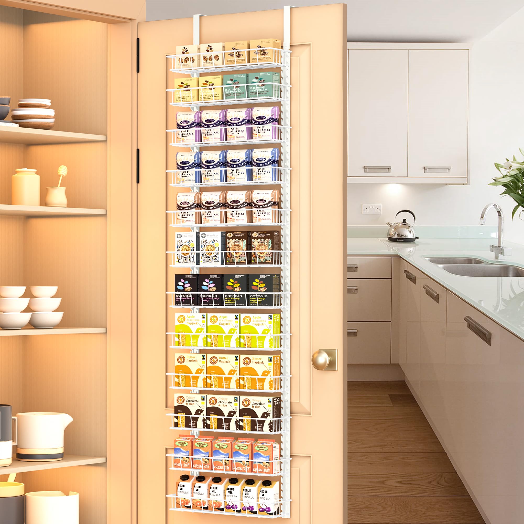 Churboro Over the Door Pantry Organizer Rack with 9 Adjustable Baskets, 9 Tiers Dual-use Hanging or Wall Mount Spice Rack Organizer, Black