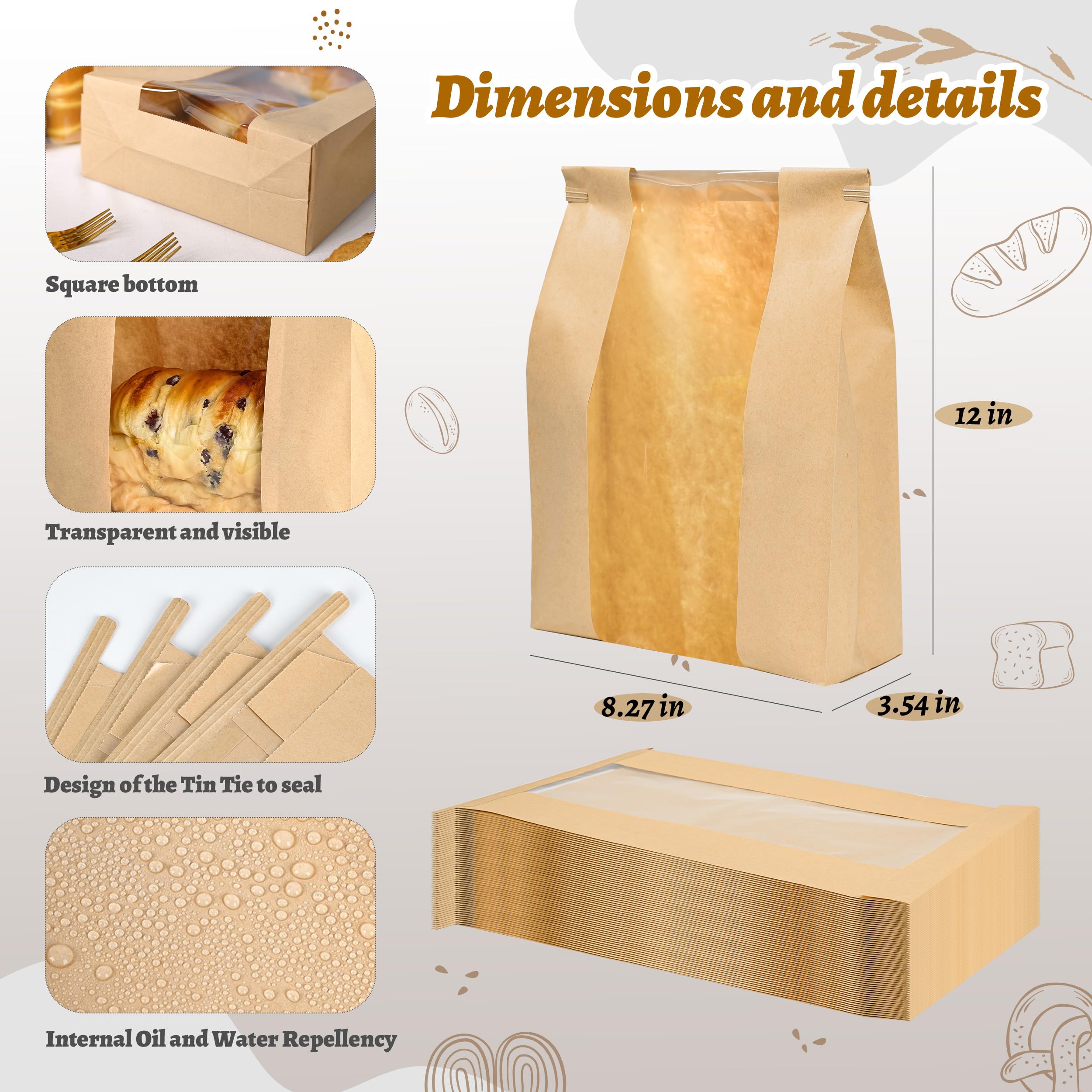 50 Pack Sourdough Bread Bags for Homemade Bread with Tin Tie Tab Lock Bakery Bags with Window kraft Bag for Toast Sandwich Cookie Snacks Packaging Storage and Gifting(8.27x13.6x3.54In)
