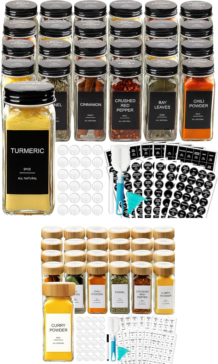 AISIPRIN 24 pcs Spice Jars with Bamboo Lids & 24 pcs Spice Jars with Lable