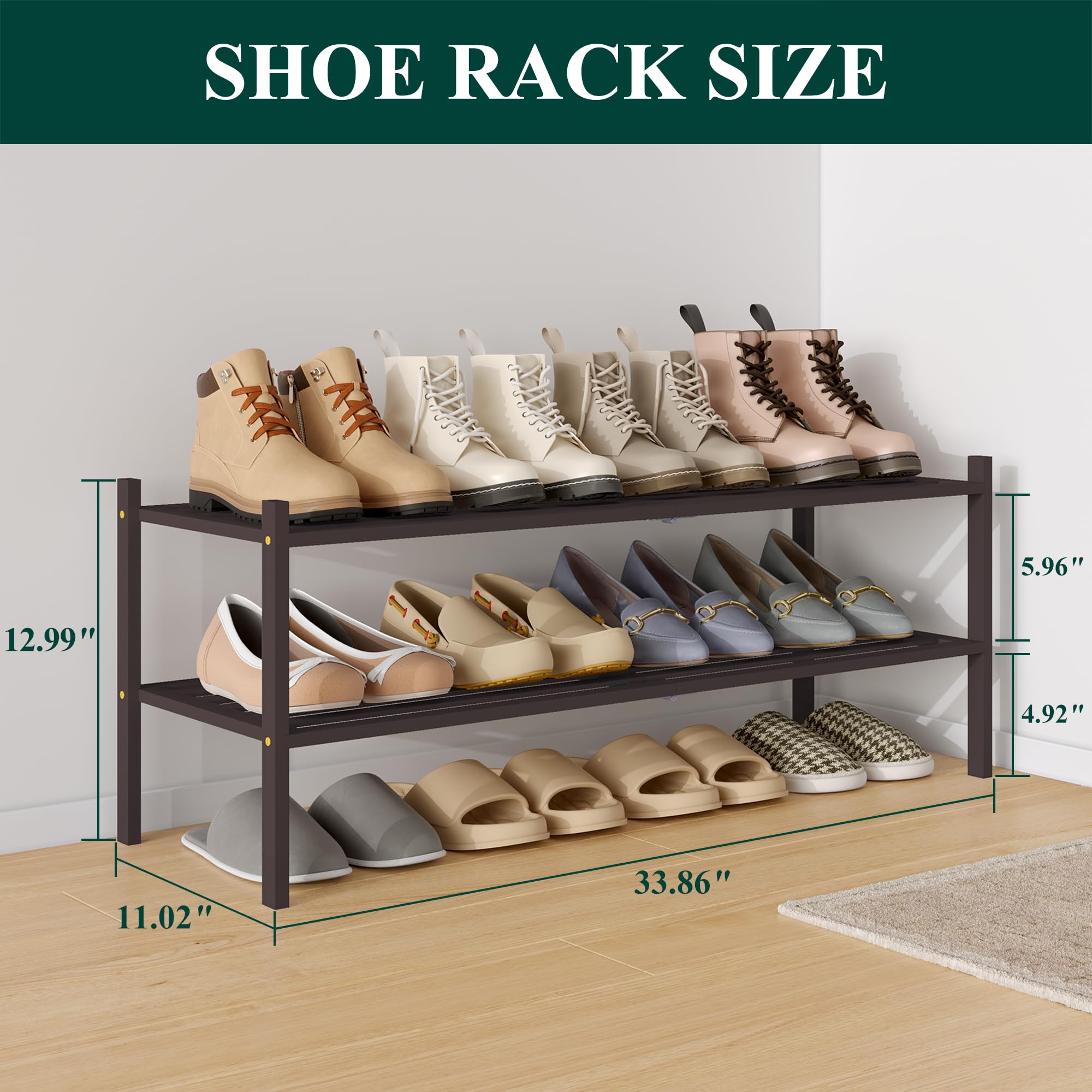 Smiry Bamboo Shoe Rack 3-Tier, Stackable Wooden Shoe Organizer for Entryway & Closet, Free Standing Wood Shoe Storage Shelf for Front Door & Small Spaces, Natural