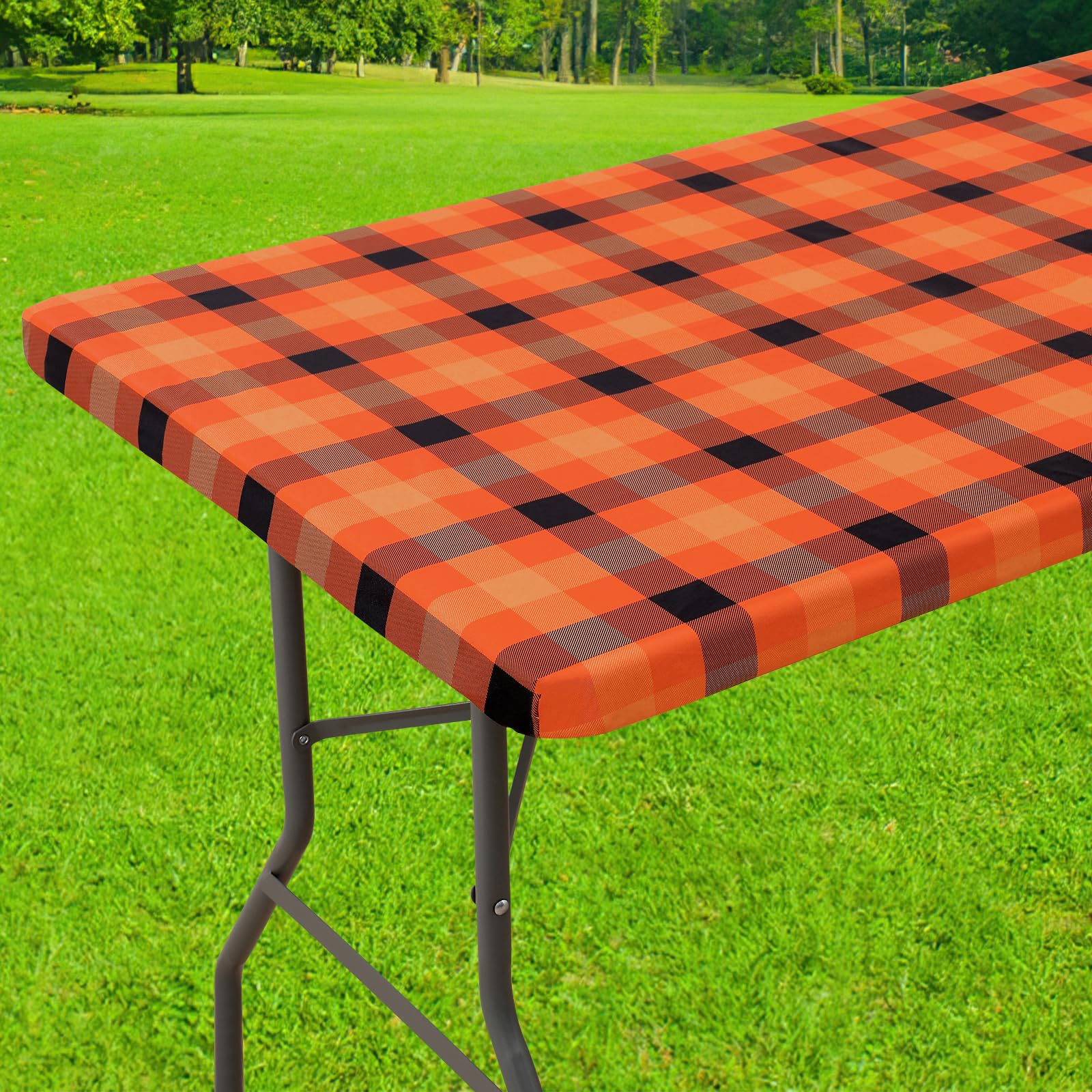 Smiry Rectangle Picnic Table Cloth, Elastic Waterproof Fitted Vinyl Tablecloths, Flannel Backed Buffalo Plaid Table Covers for Dining, Camping, Outdoor (Black and White, 30" x 72")