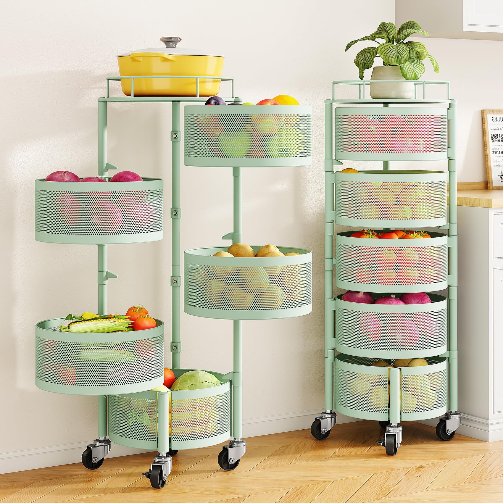 SNTD Fruit and Vegetable Basket Bowls for Kitchen with Metal Top Lid, 5 Tier Rotating Storage Rack Cart for Potato Onion Bread Banana, Wire Basket Organizer on Wheels, Large, Black