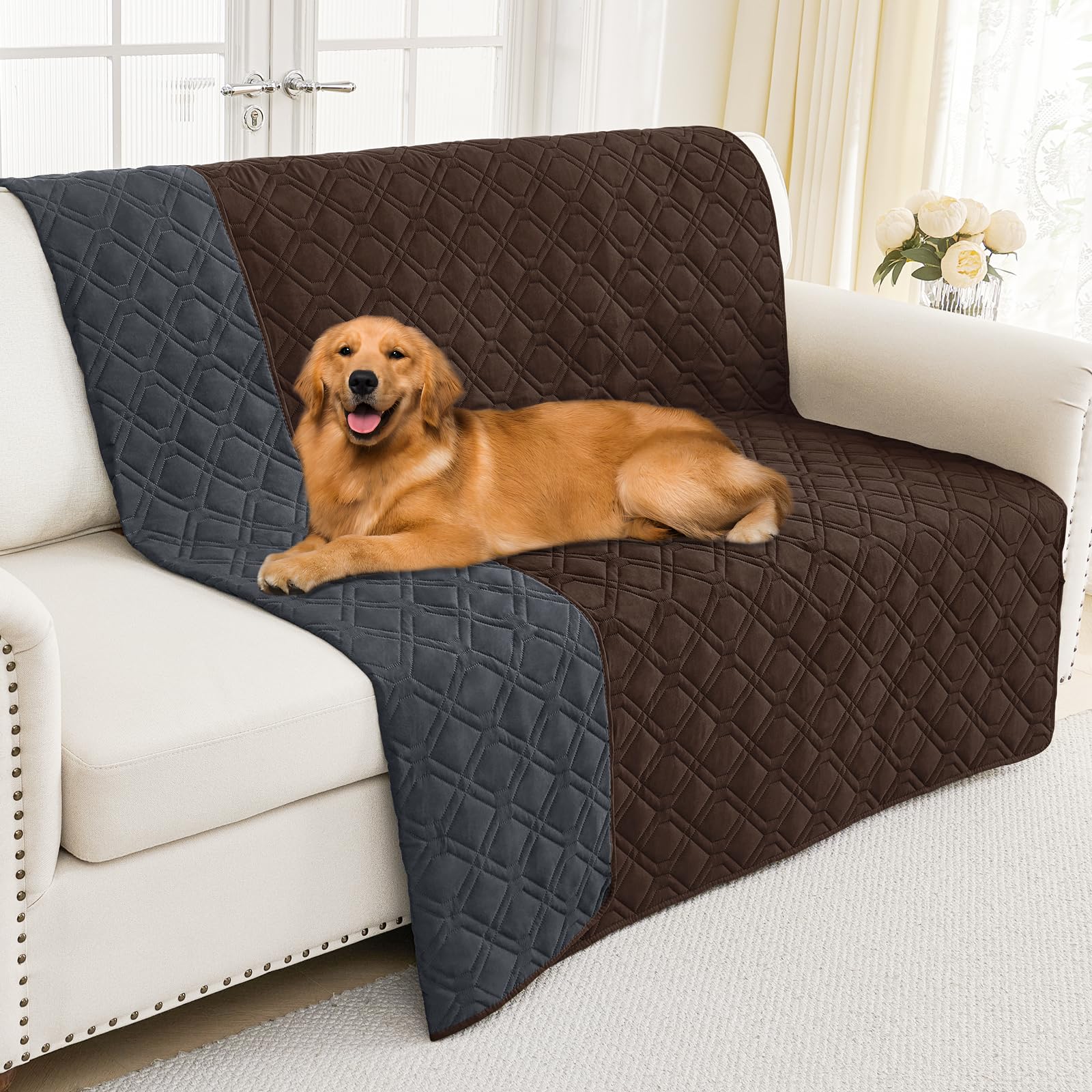 Smiry Waterproof Couch Covers for Dogs Washable, Reversible Pet Couch Covers for 3 Cushion Sofa Pet Friendly, Soft Sofa Furniture Protector for Dogs Cat Kids, Checkered (30"x70", Grey/Dark Grey)