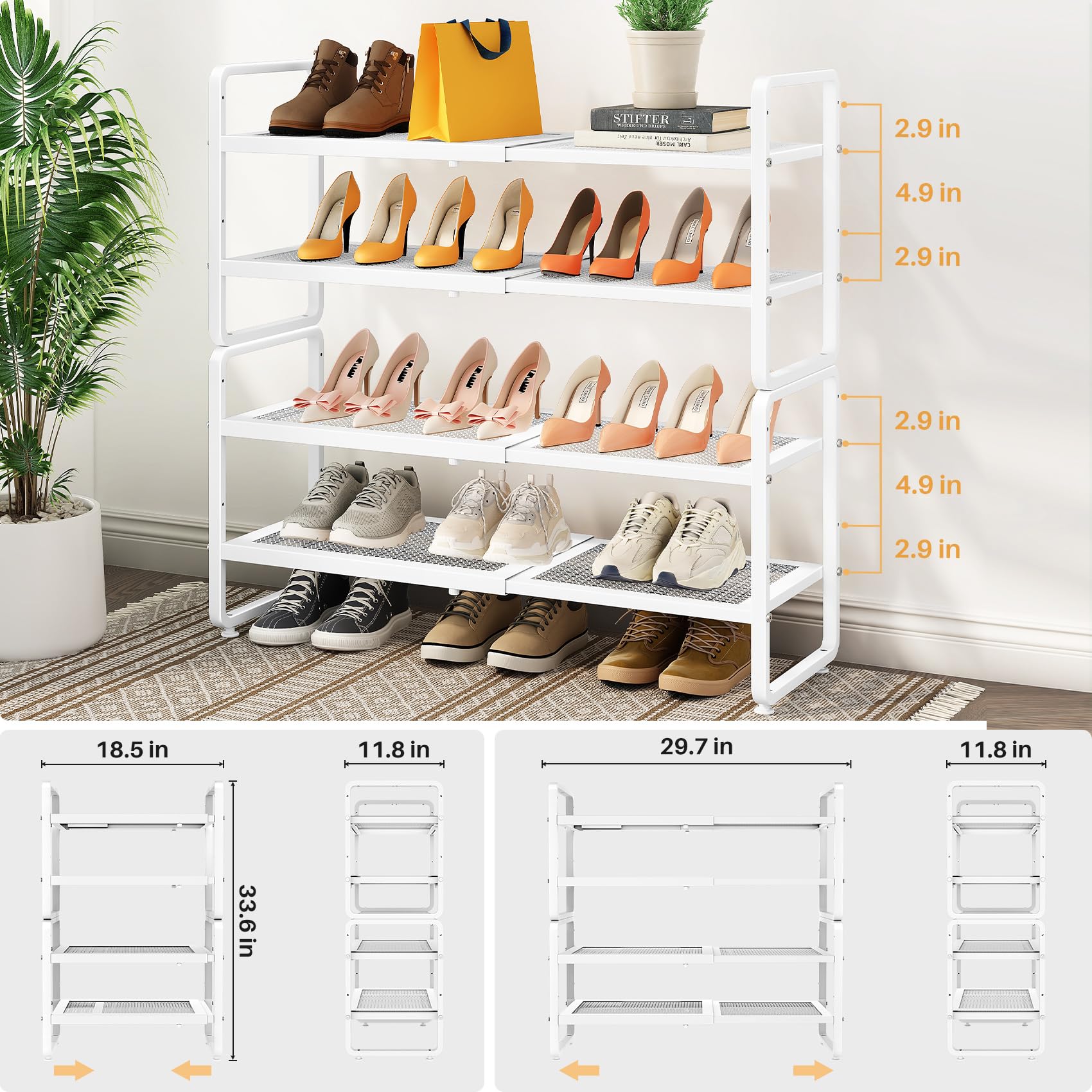 SNTD Shoe Rack - Expandable Shoe Organizer for Closet, Adjustable Metal Shoe Shelf Storage, Stackable Long Shoe Stand Holder for Garage, Entryway, Door Entrance (Black, 2-Tier)