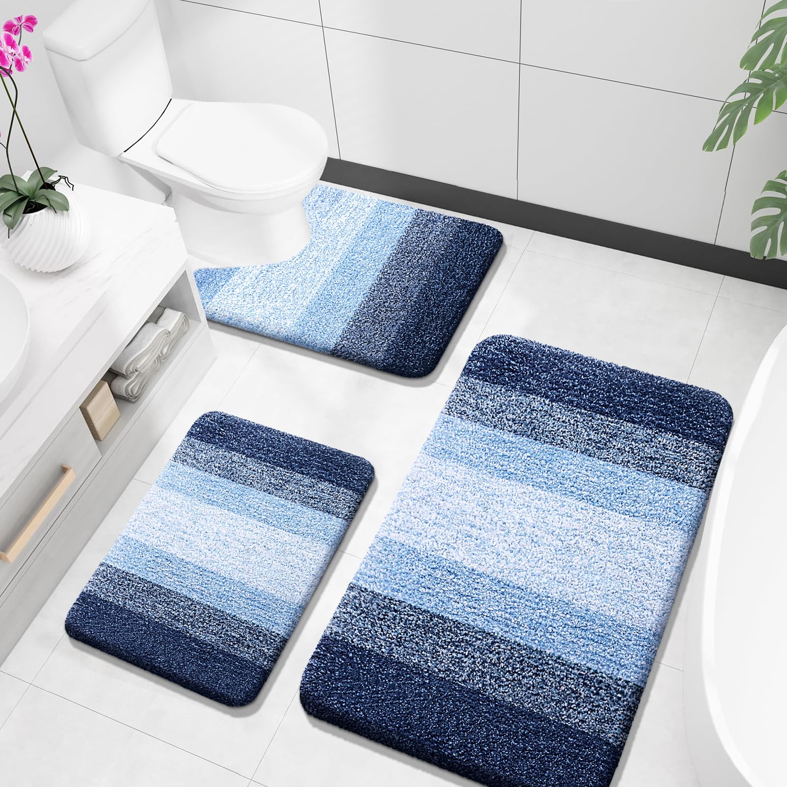 OLANLY Bathroom Rugs Sets 3 Piece, Soft Absorbent Microfiber Bath Mats and U-Shaped Contour Toilet Rug, Machine Wash Dry, Plush Shaggy Bath Mat Set for Bathroom (30"x20"+24"x16"+24"x20", Grey)