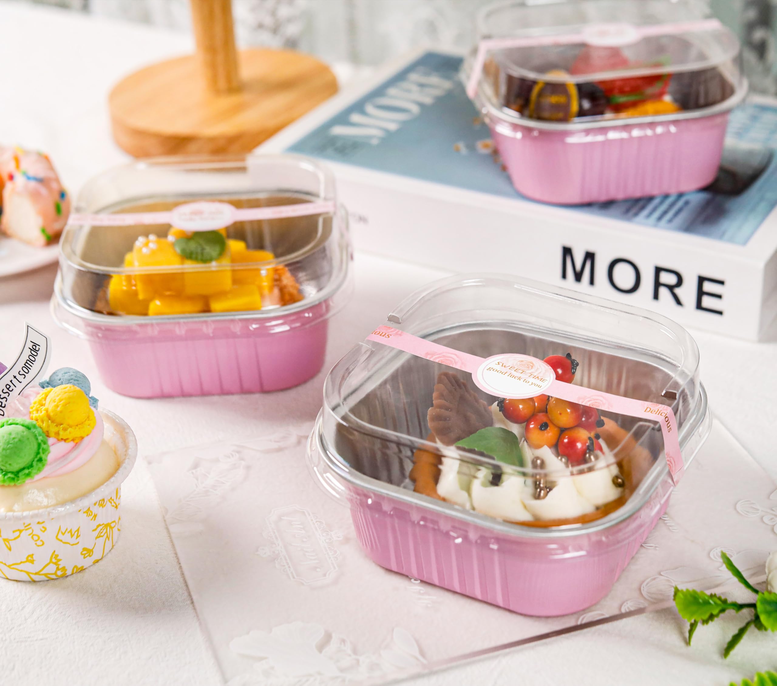 50 Pcs Mini Cake Pans with Lids and Spoons Aluminum Foil Mini Square Baking Cups with Lids Disposable Ramekins Cake Pans Dessert Cups for Wedding Birthday Party(Pink,5oz)