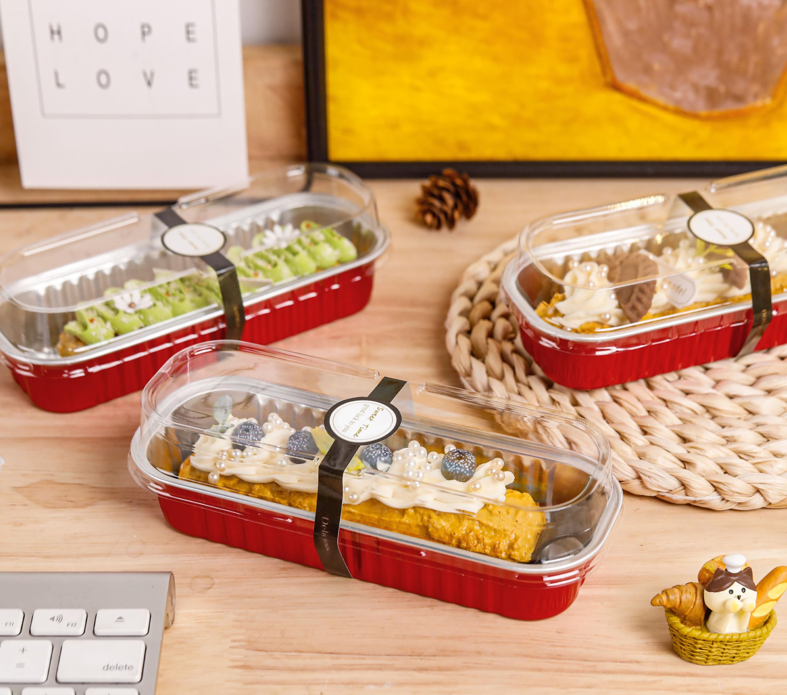 Mini Loaf Pans with Lids and Spoons Rectangular Aluminum Foil Baking Pans Mini Cheesecake Containers 6.8oz(60 Pack, Pink)