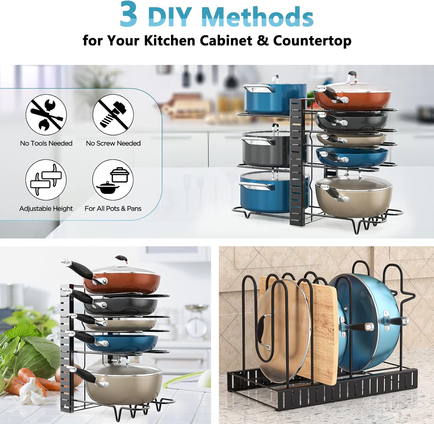 ORDORA Pots and Pans Organizer for Cabinet, 8 Tier Pot Rack with 3 DIY Methods Pots and Pans Organizer: under Cabinet, 21" Height