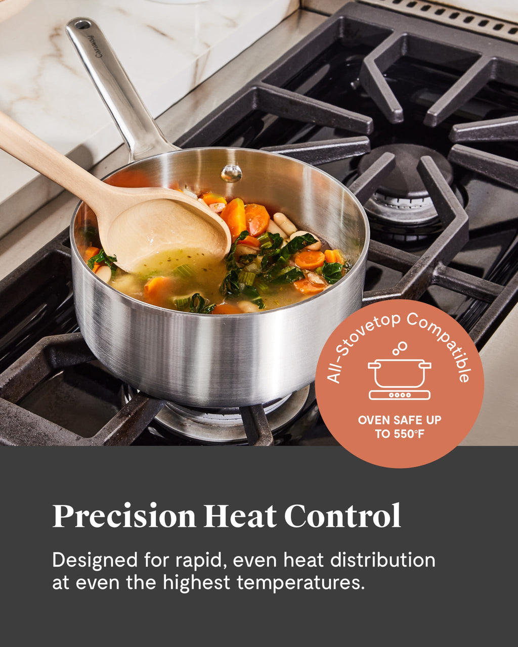 Caraway Stainless Steel Sauce Pan (3 Qt) - 5-Ply Stainless Steel - Oven Safe & Stovetop Agnostic - Non Toxic, PTFE & PFOA Free