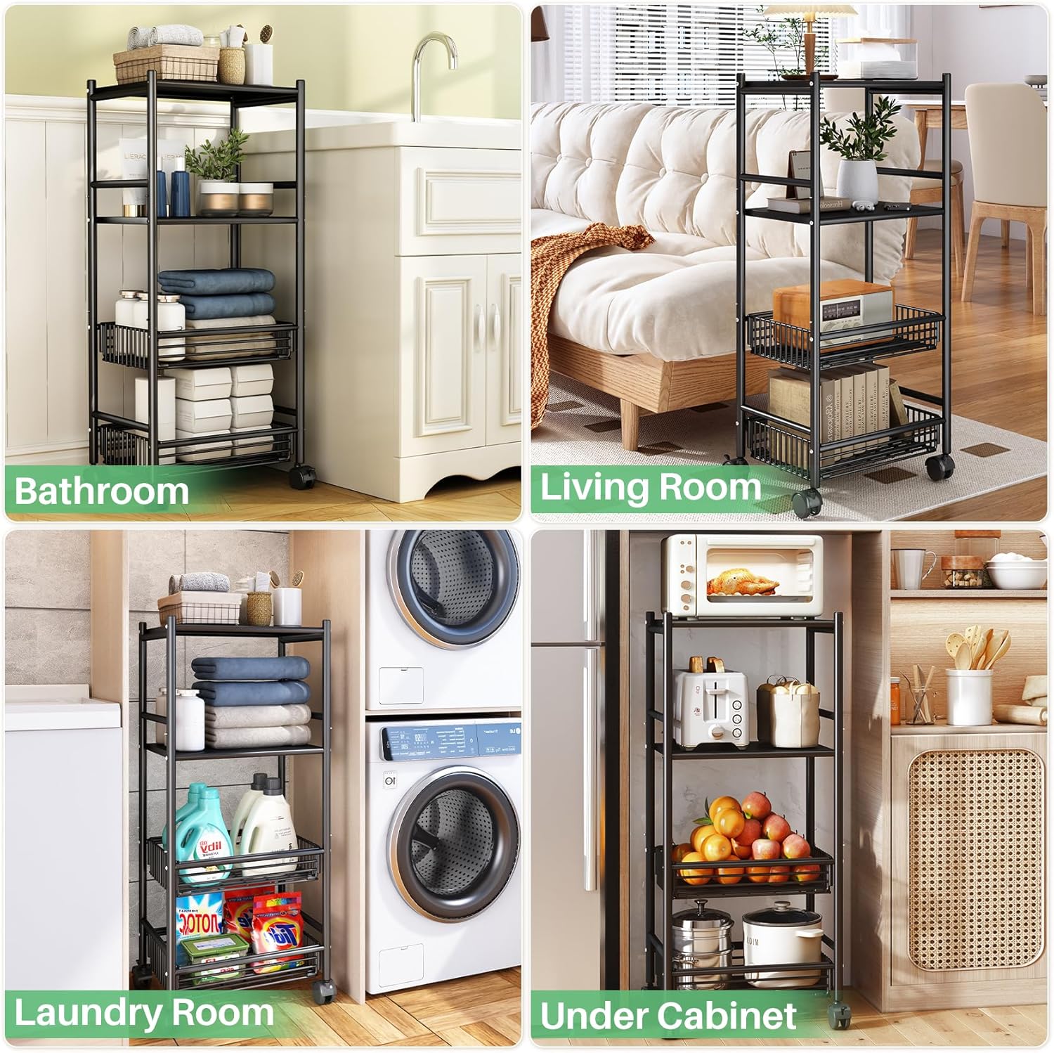 SAYZH Kitchen Microwave Stand Shelf - 4 Tiers Metal Bakers Rack with Casters, Coffee Bar Station with Storage, Black