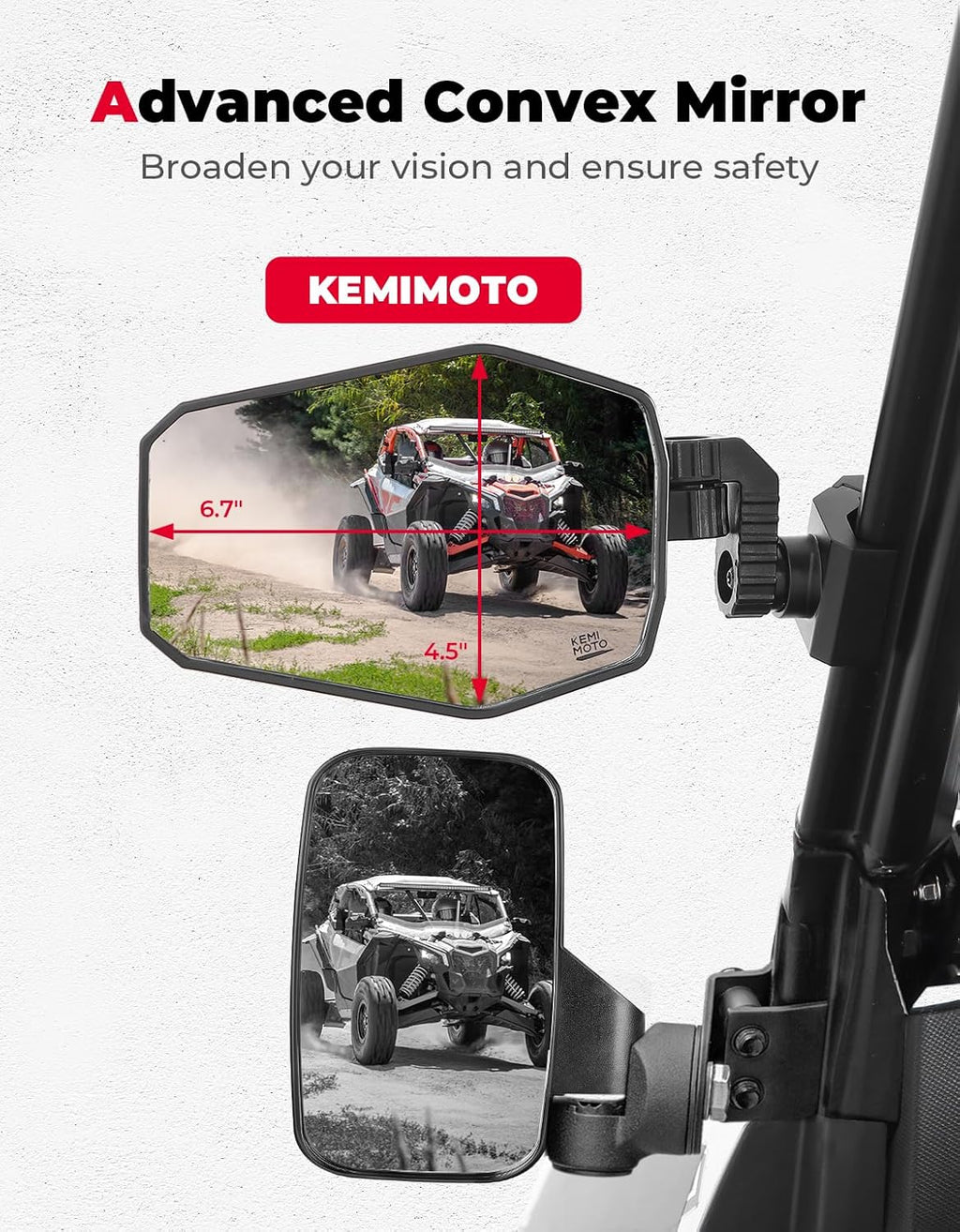 KEMIMOTO UTV Side Mirrors, UTV Rearview Mirrors Fit for Windshield Compatible with Pro-Fit Polaris Ranger General Can-Am Defender Maverick Trail, 3-axis Rotation Breakaway Rear View Accessories
