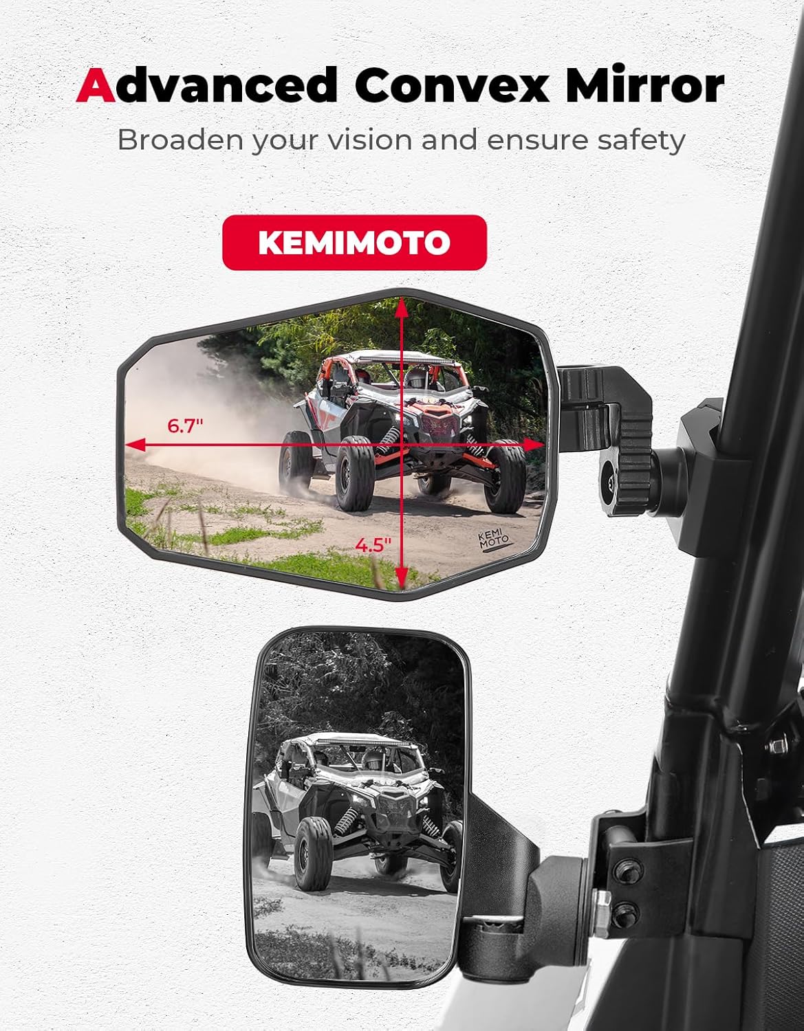 KEMIMOTO UTV Side Mirrors, UTV Rearview Mirrors Fit for Windshield Compatible with Pro-Fit Polaris Ranger General Can-Am Defender Maverick Trail, 3-axis Rotation Breakaway Rear View Accessories