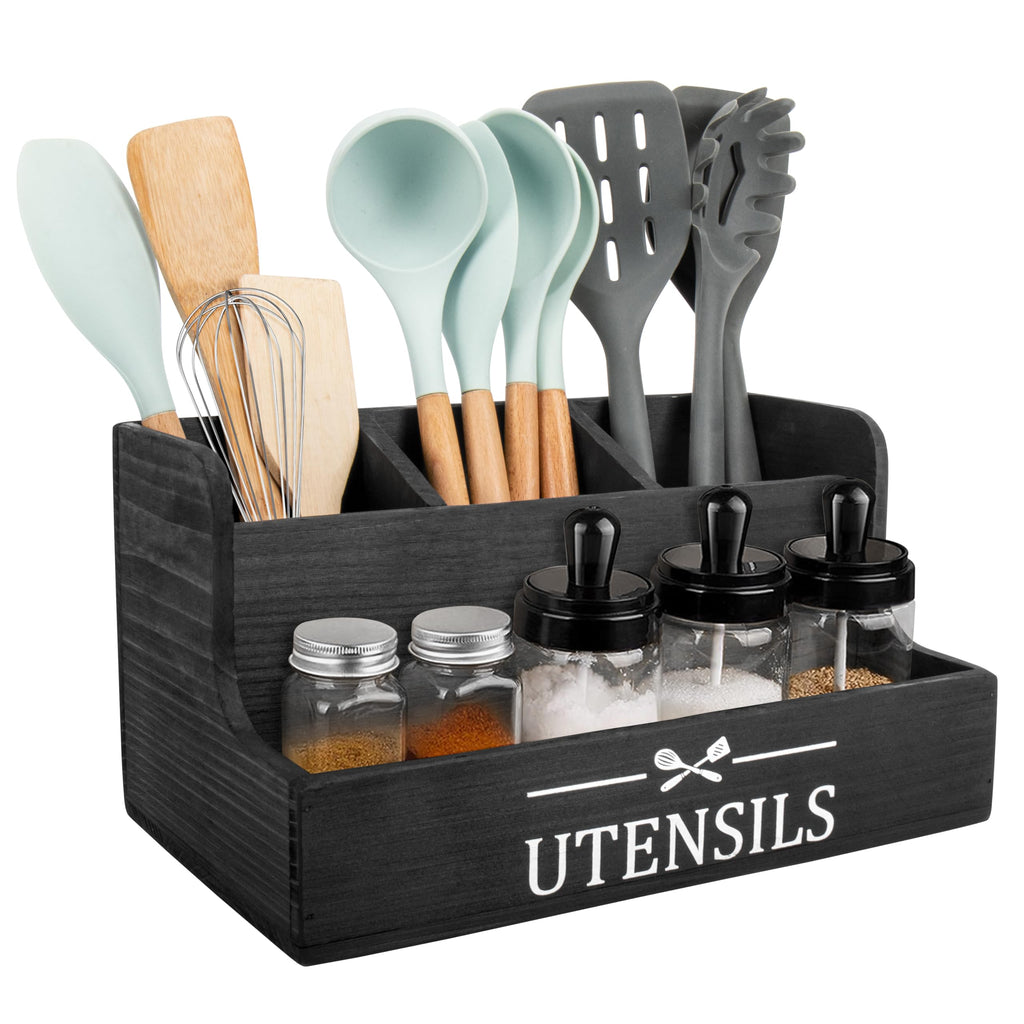 RedCall Extra Large Kitchen Utensils Holder 4 Compartments,Wood Utensil Organizer for Kitchen Countertop,Farmhouse Cooking Utensil Holder with Spice Storage space (Black)