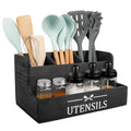 RedCall Extra Large Kitchen Utensils Holder 4 Compartments,Wood Utensil Organizer for Kitchen Countertop,Farmhouse Cooking Utensil Holder with Spice Storage space (Black)