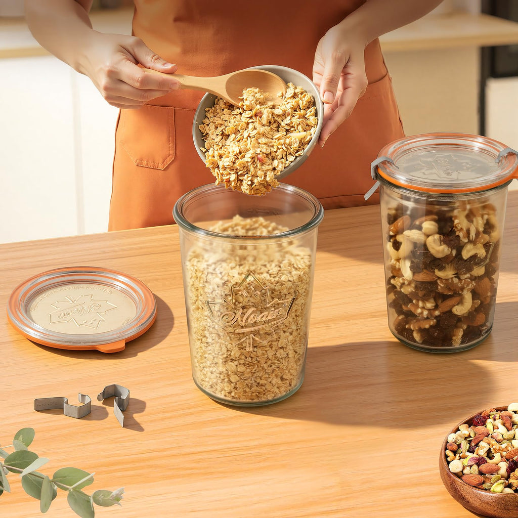 Freshmage Canning Jars 27 oz 2 Pack, Sourdough Starter Jars with 2 Lids Per Jar (Glass Sealing Lid & Plastic Lid), 800ML Wide Mouth Airtight Glass Storage Containers for Pickles, Yogurt, Pasta, Cereal