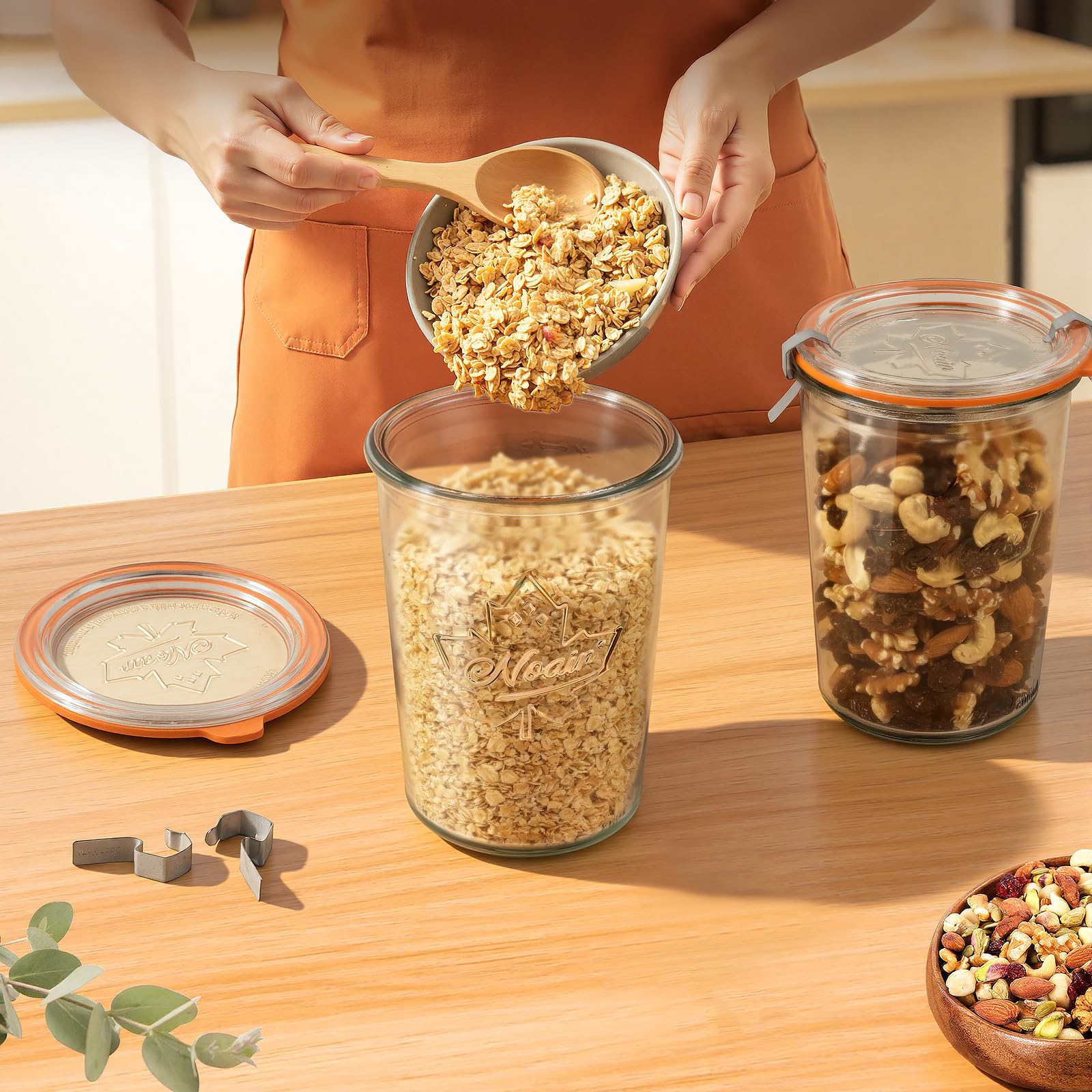 Freshmage Canning Jars 27 oz 2 Pack, Sourdough Starter Jars with 2 Lids Per Jar (Glass Sealing Lid & Plastic Lid), 800ML Wide Mouth Airtight Glass Storage Containers for Pickles, Yogurt, Pasta, Cereal