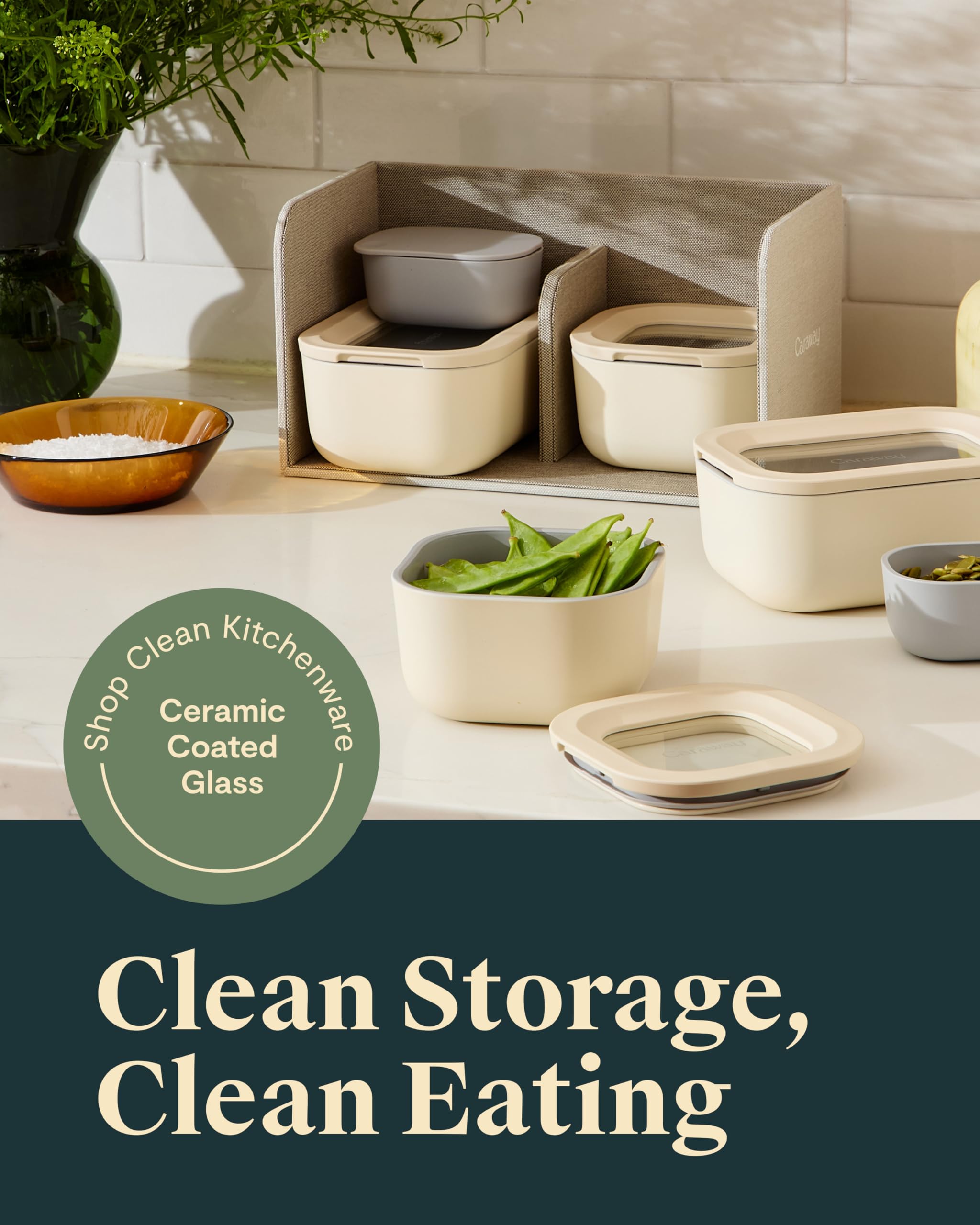 Caraway 13pc Glass Food Storage Container Set - Easy to Store, Non Toxic Lunch Box - with Glass Lids - Includes Storage Organizer - Cream
