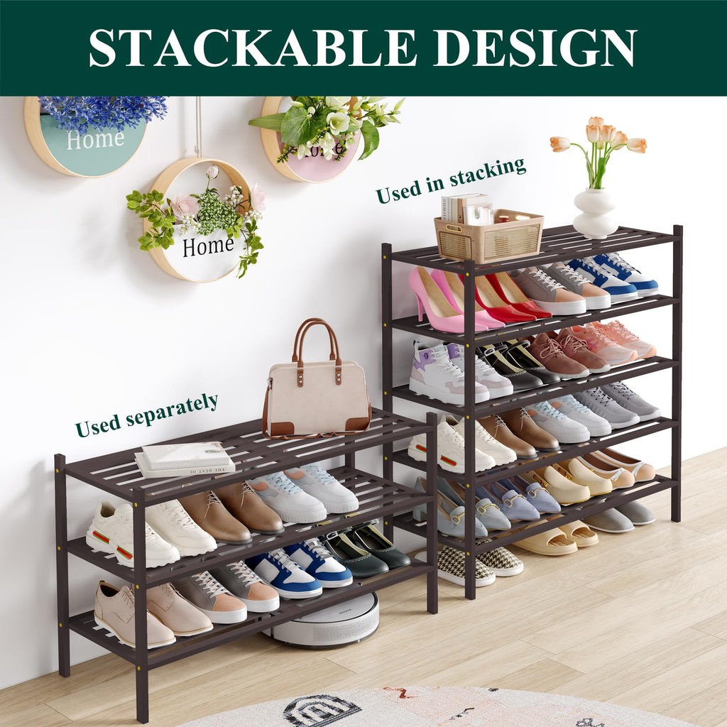 Smiry Bamboo Shoe Rack 3-Tier, Stackable Wooden Shoe Organizer for Entryway & Closet, Free Standing Wood Shoe Storage Shelf for Front Door & Small Spaces, Natural