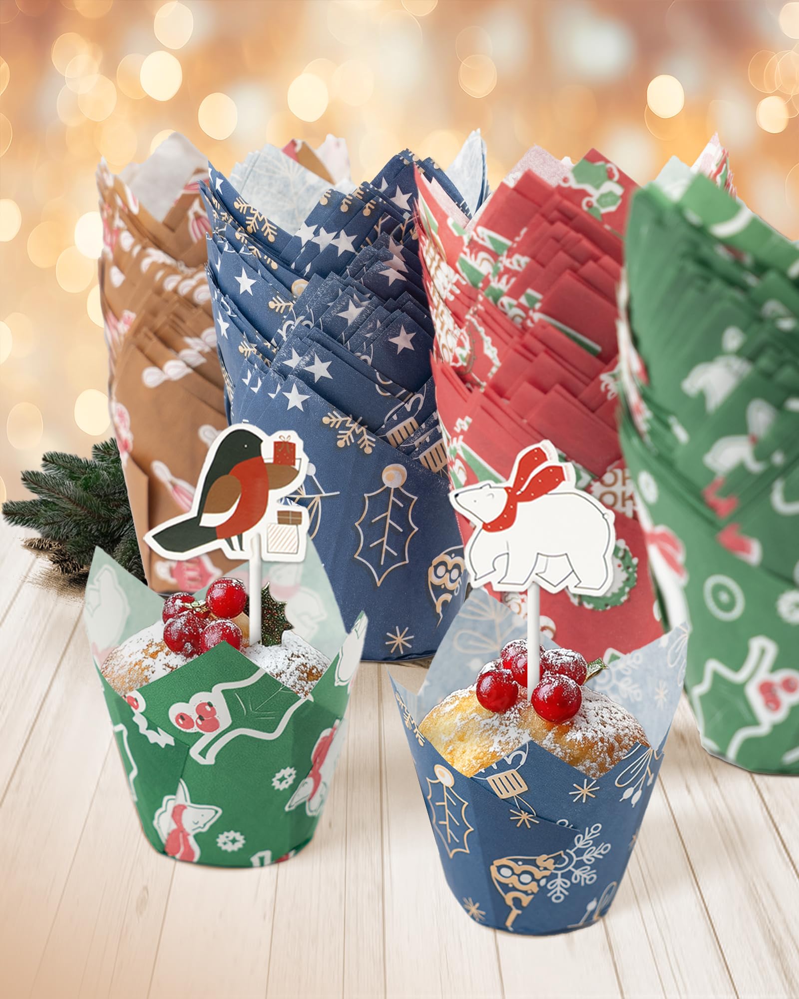 200 Pcs Christmas Tulip Cupcake Liners with 24 Pcs Cupcake Toppers, Cupcake Liners, Tulip Cupcake Liners for Baking, Standard Tulip Muffin Liners for Christmas Holiday