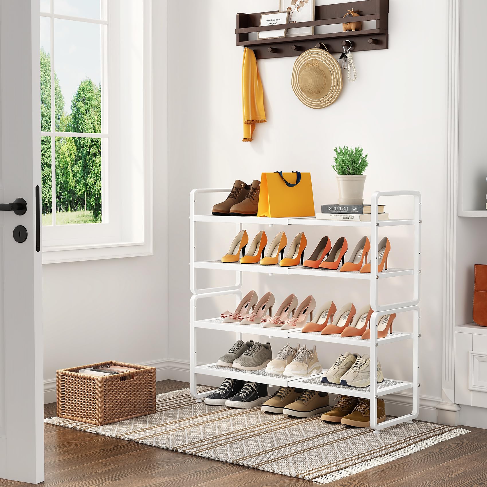 SNTD Shoe Rack - Expandable Shoe Organizer for Closet, Adjustable Metal Shoe Shelf Storage, Stackable Long Shoe Stand Holder for Garage, Entryway, Door Entrance (Black, 2-Tier)