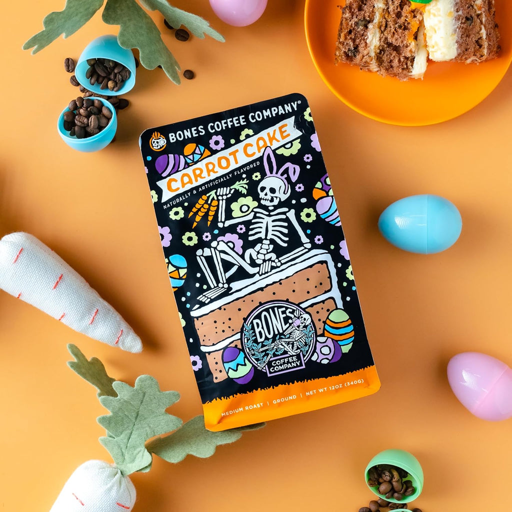 Bones Coffee Company Carrot Cake with Sweet Cream Cheese Flavored Coffee, Medium Roast Low Acid Arabica Beans Compatible with Auto drip and French Press Coffee Maker, 12 Oz Ground