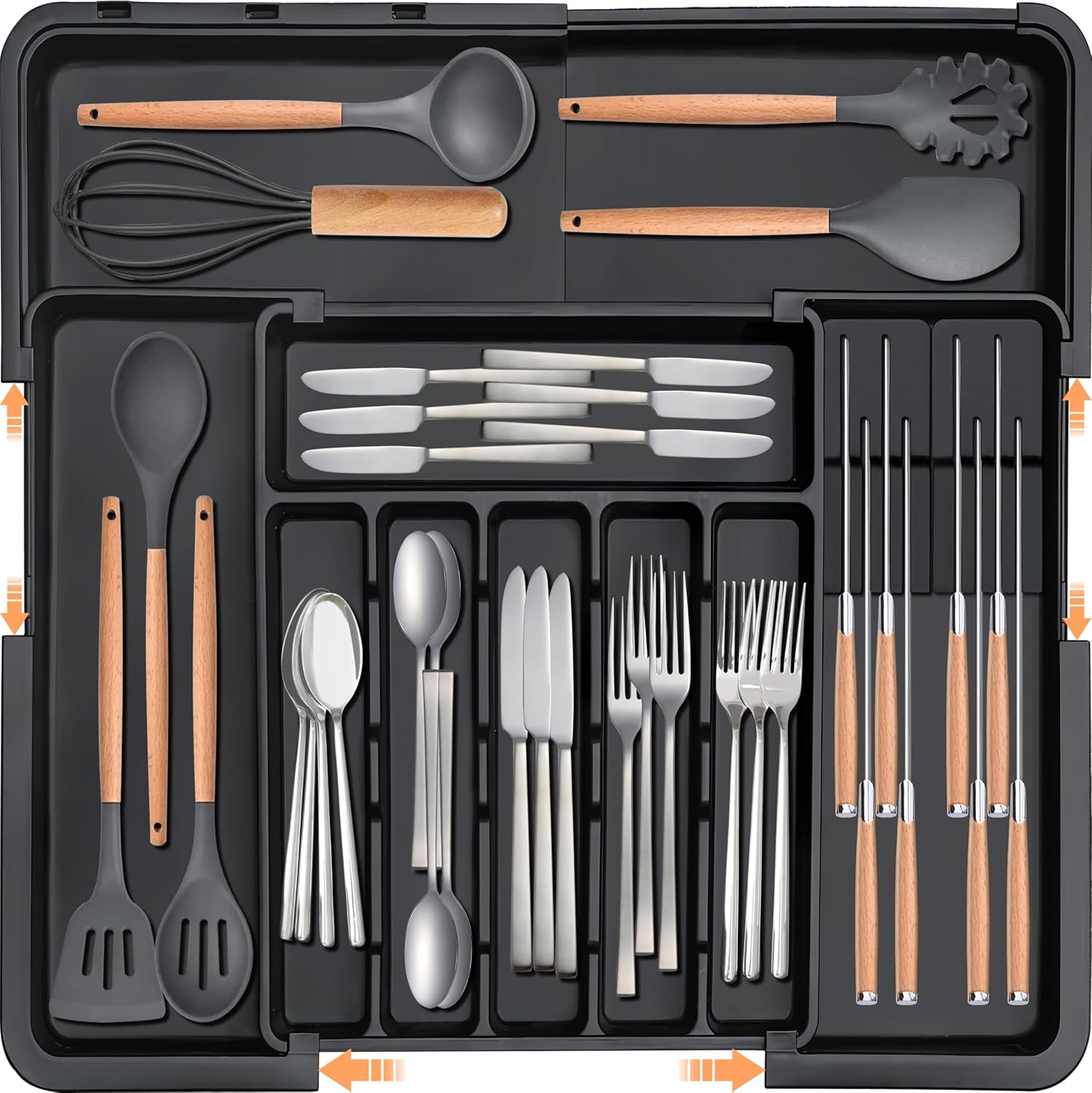 Homecor Silverware Organizer - Expandable Large Kitchen Drawer Organizer Utensil Organizer with 2 Removable Knife Blocks & 2 PACK Acrylic Straw Holder for Cabinet Door