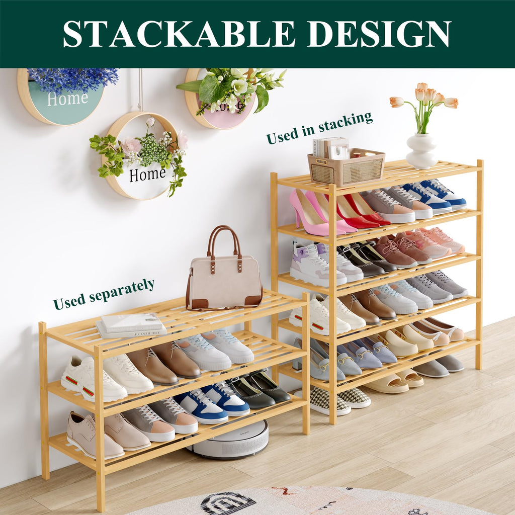 Smiry Bamboo Shoe Rack 3-Tier, Stackable Wooden Shoe Organizer for Entryway & Closet, Free Standing Wood Shoe Storage Shelf for Front Door & Small Spaces, Natural