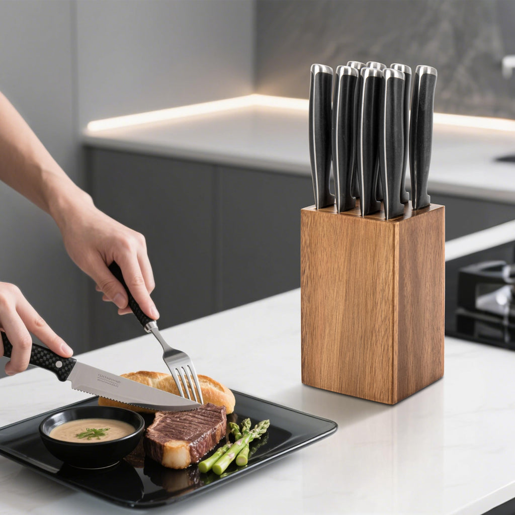 8 Slots Steak Knife Block Holder, 5.5" Wooden Small Knife Block without Knives,Compact and Space Saving Storage Knife Holder for Counter Top (Natural-1)
