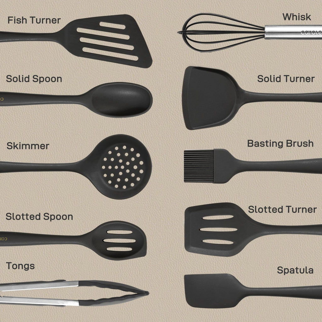 CAROTE Kitchen Utensil Set for Nonstick Cookware - 446°F Heat Resistant Silicone Cooking Utensils Set 10pcs, Dark Grey, Oderless Spatula, Turner