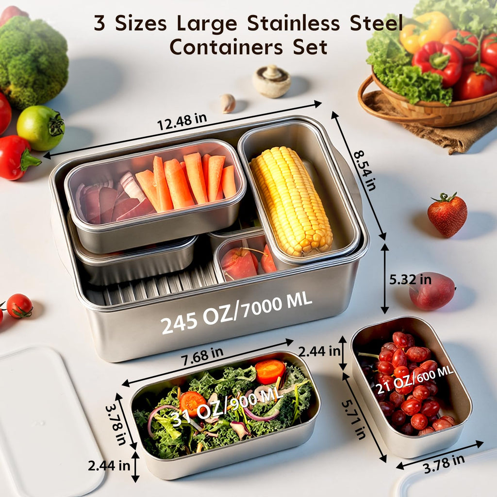 8 PCS Large Stainless Steel Food Storage Containers with Lids, 3 Sizes Meal Prep Containers Set for Vegetables, Fruits, Snacks, Roasting Chicken, Lasagna, BPA Free and Oven Safe (245oz, 31oz, 21oz)