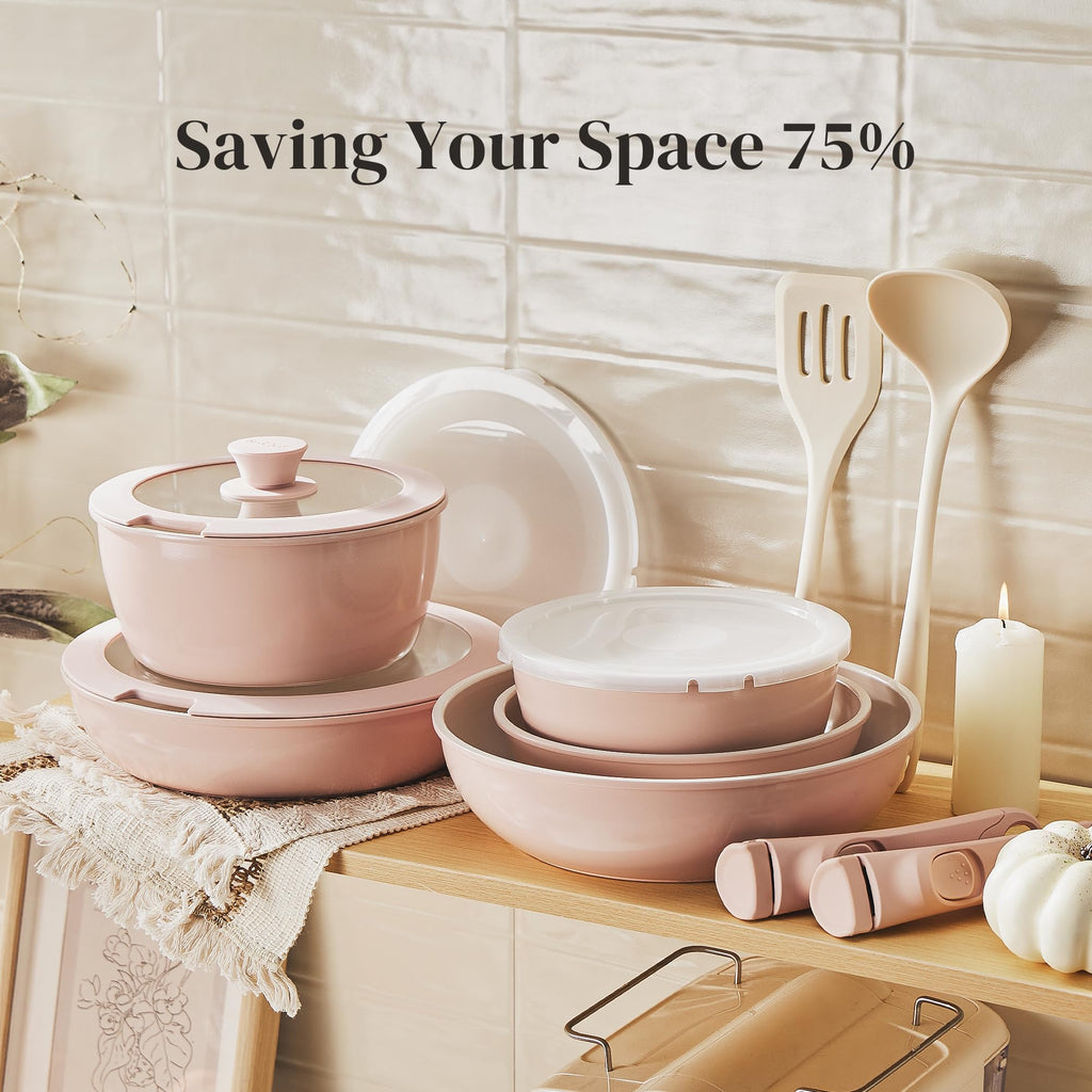 Redchef Ceramic Pots and Pans Set, Nonstick Kitchen Cookware Set with Detachable Handle, Non Toxic Cookware Set 16pcs, PFAS PFOA & PTFE Free, RV Ceramic Cookware for Camping, Dishwasher/Oven Safe