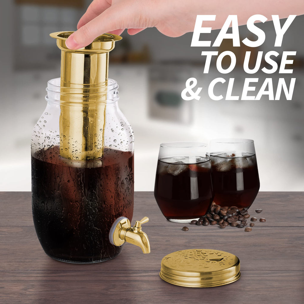 Zulay 1 Gallon/128oz Cold Brew Coffee Maker – Thick Glass Pitcher with Stainless Steel Filter, Lid & Spout – Large Mason Jar Container Dispenser - Iced Coffee & Sun Tea Brewer for Fridge – Silver