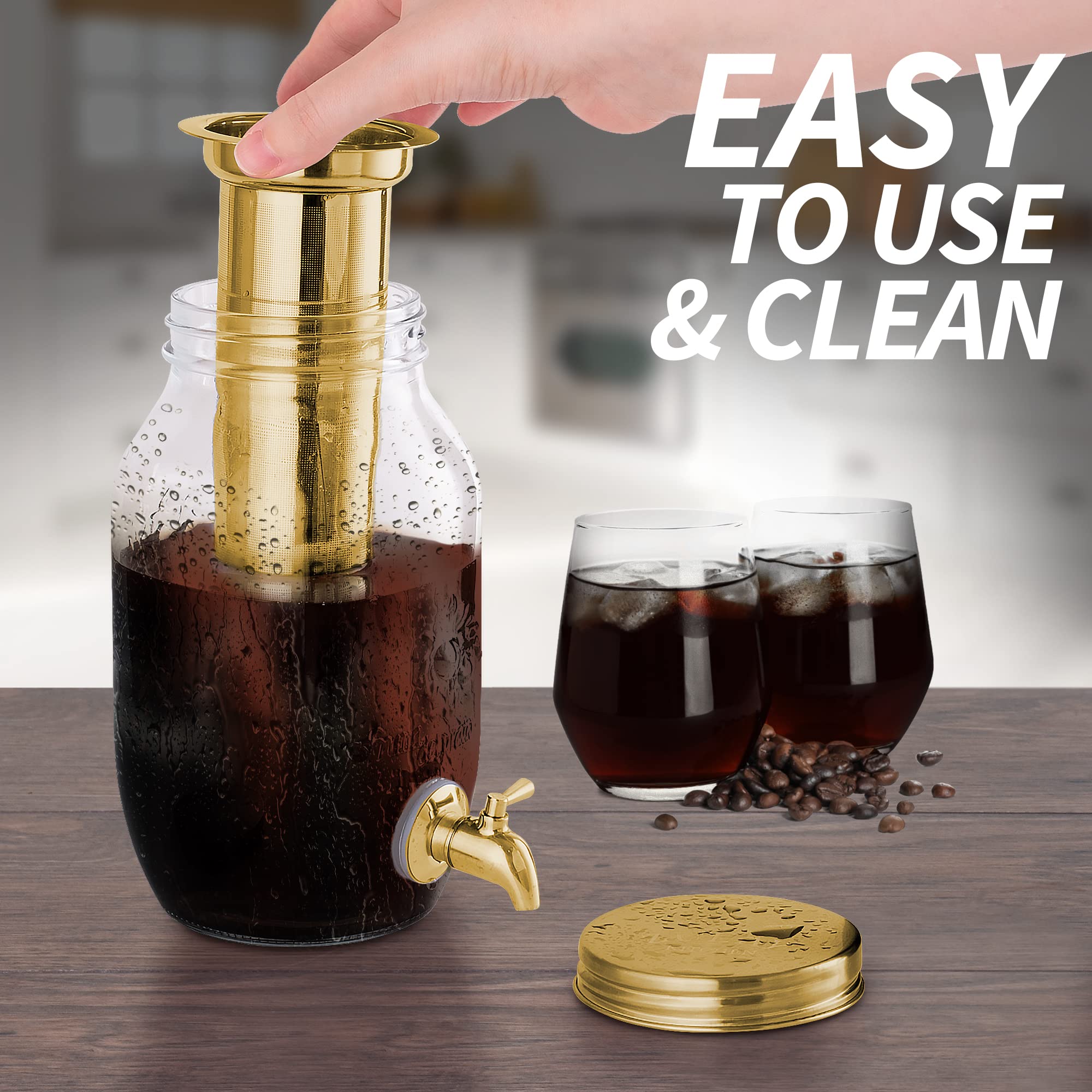 Zulay 1 Gallon/128oz Cold Brew Coffee Maker – Thick Glass Pitcher with Stainless Steel Filter, Lid & Spout – Large Mason Jar Container Dispenser - Iced Coffee & Sun Tea Brewer for Fridge – Silver