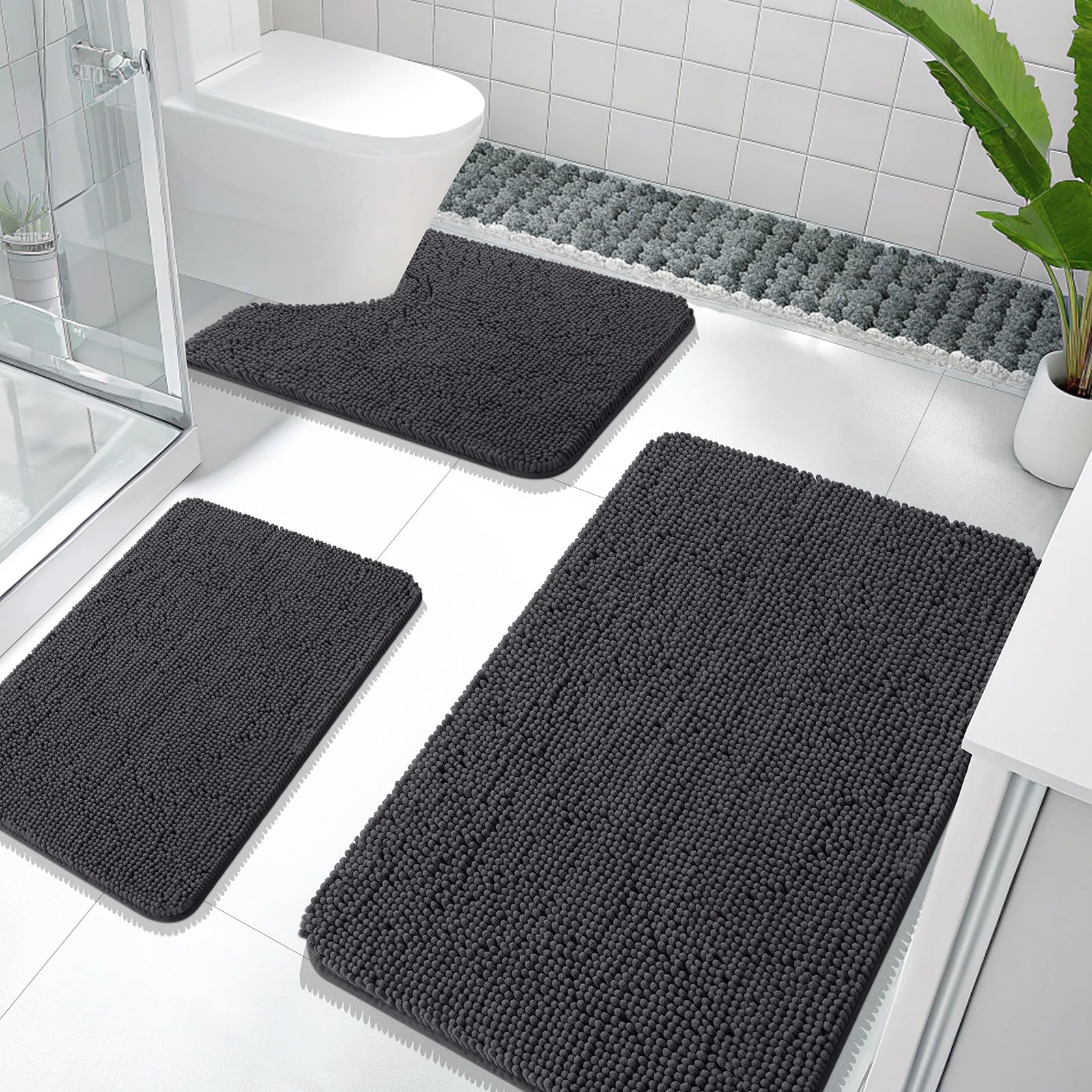OLANLY Bathroom Rugs Sets 3 Piece, Soft Absorbent Chenille Bath Mats and U-Shaped Contour Toilet Rug, Quick Dry, Home Decor Accessories, Bath Mat Set for Bathroom (30"x20"+24"x16"+24"x20", Grey)