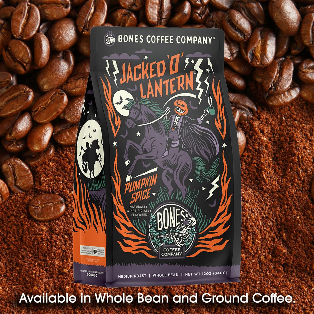 Bones Coffee Company Salted Caramel Flavored Coffee, Medium Roast Low Acid Arabica Beans Compatible with Auto drip and French Press Coffee Maker, 12 Oz Whole Bean