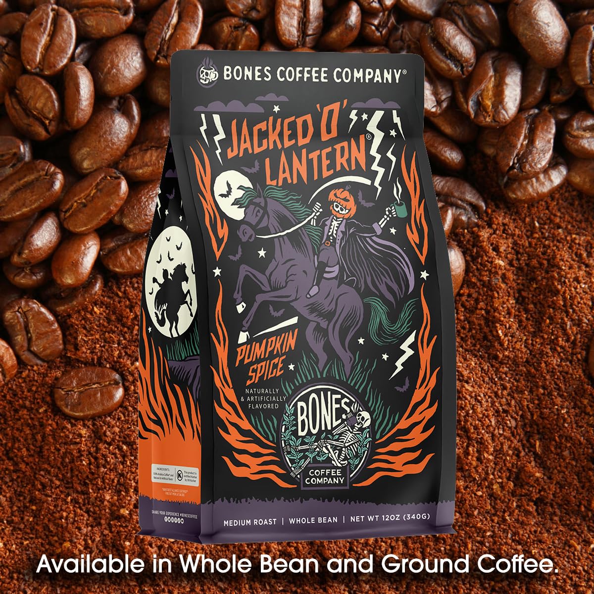 Bones Coffee Company Salted Caramel Flavored Coffee, Medium Roast Low Acid Arabica Beans Compatible with Auto drip and French Press Coffee Maker, 12 Oz Whole Bean